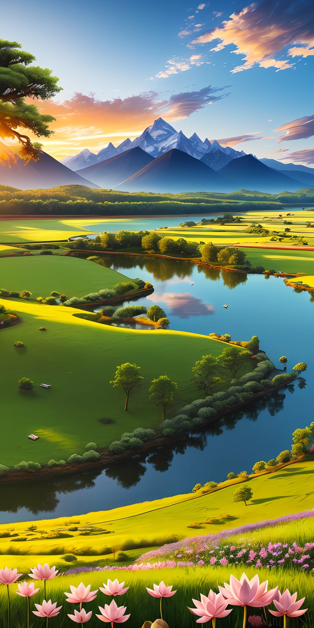 landscape,sunny blue  sky , some dramaticcloud , background  only  one mountain some bushes, a lake infront of it growing  lotus flowers , beside the grass & trees ,(extremely detailed CG unity 8k wallpaper), most beautiful artwork in the world,professional majestic oil painting,intricate, High Detail, Sharp focus, dramatic, photorealistic painting art --auto