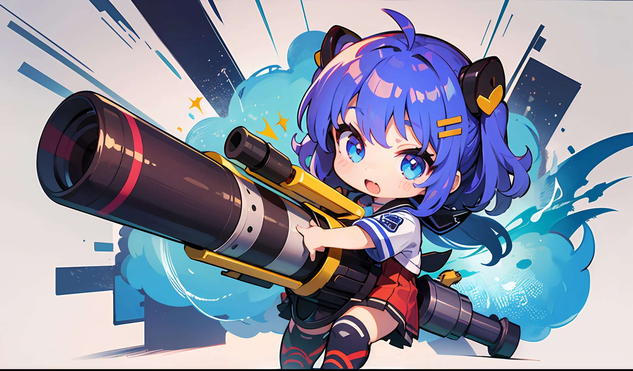 (Stickers: 1.5), white background, rocket launcher, girl, high school student, chibi character