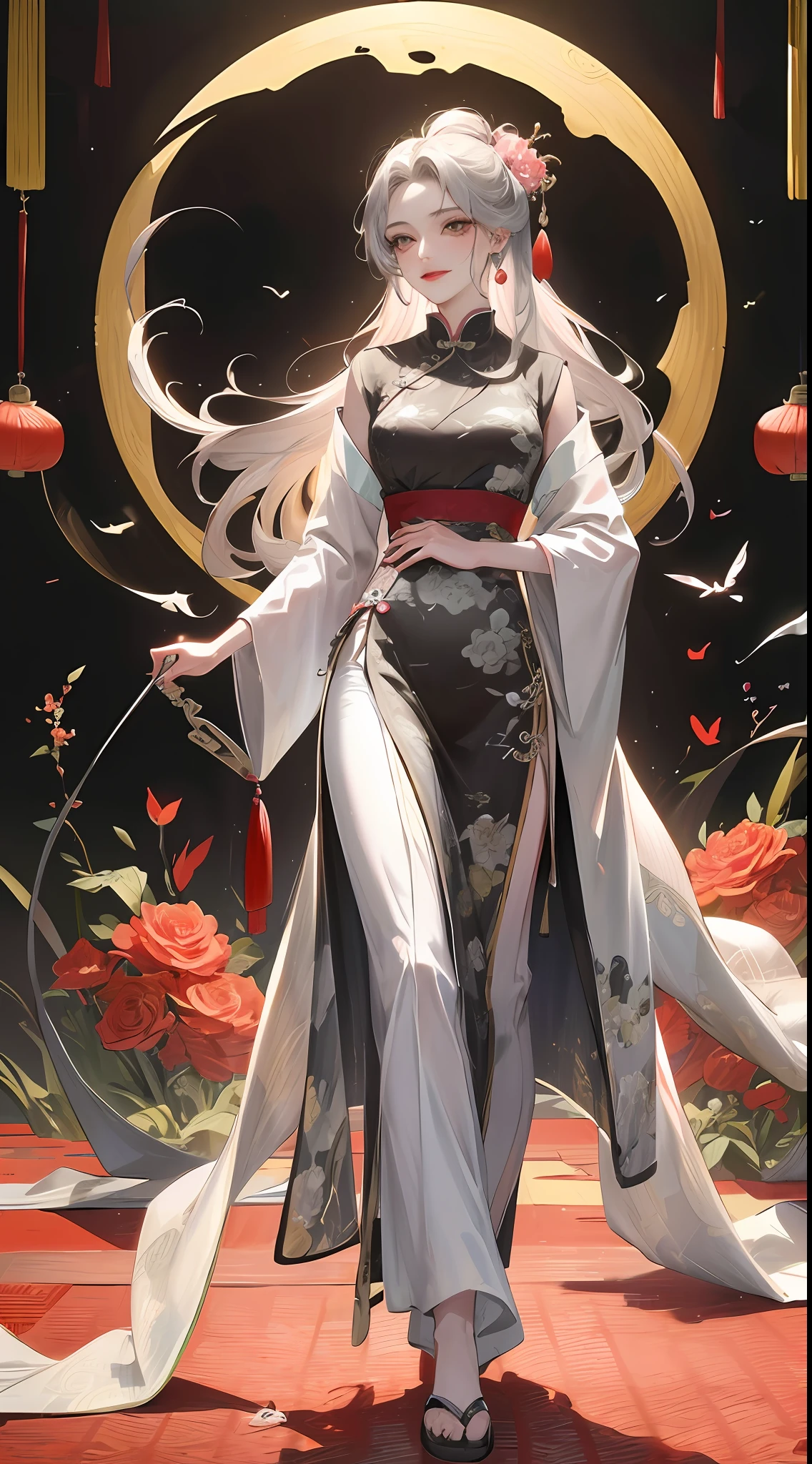 Masterpiece, Superb Beauty, Night, Full Moon, 1 Woman, Mature Woman, Chinese Style, Ancient China, Sister, Royal Sister, Evil Smile, Silver-White Long-Haired Woman, Light Pink Lips, Intellectual, Three Bands, Gray Eyes, Assassin, Short Knife, Flower Ball Background, Walking Street View