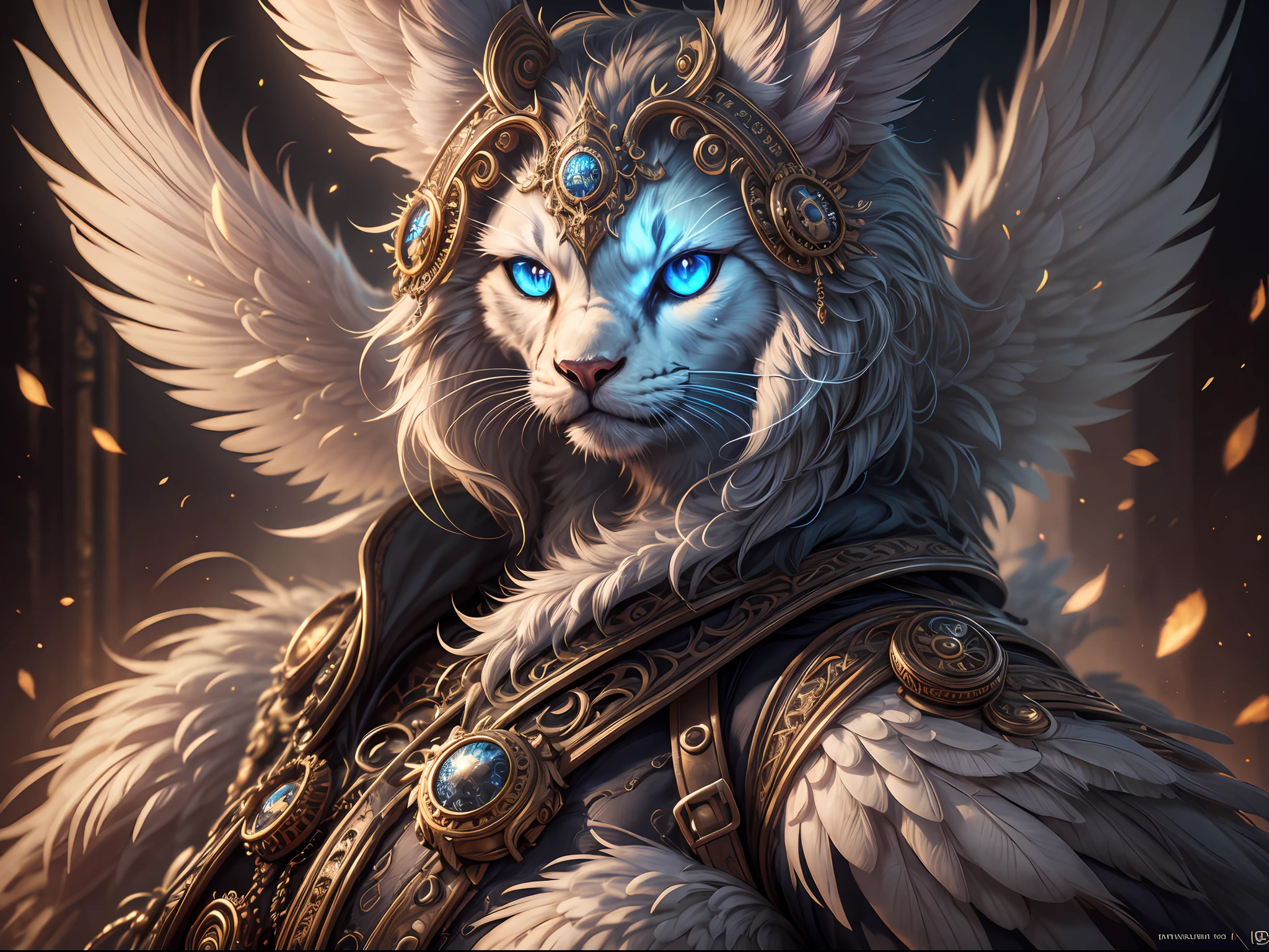 generate a celestial non-human animal in the style of steampunk and fantasy. the animal should be fluffy and have feathers and silk and satin. emphasize small details of fantasy and steampunk. camera: utilize interesting and dynamic composition. enhance visual interest. lighting: use ambient lighting that enhances the ambiance of fantasy. include bold colors and deep shadows. hires, detailed eyes, hires detailed eyes, hires small details, ornate, intricate details, 8k, shimmer, unity, official cgi unreal engine, high resolution, (((masterpiece))), high quality, highres, detail enhancement