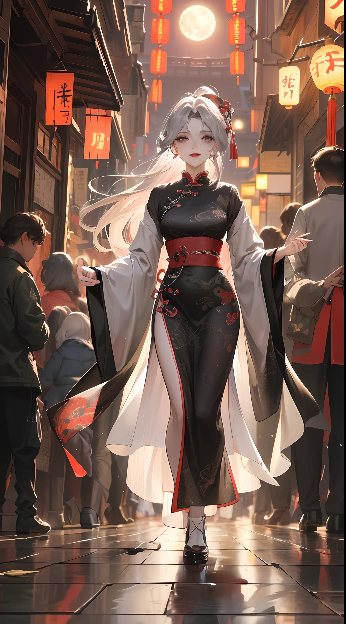 Masterpiece, Superb Beauty, Night, Full Moon, 1 Woman, Mature Woman, Chinese Style, Ancient China, Sister, Royal Sister, Evil Smile, Silver-White Long-Haired Woman, Light Pink Lips, Intellectual, Three Bands, Gray Eyes, Assassin, Short Knife, Flower Ball Background, Walking Street View