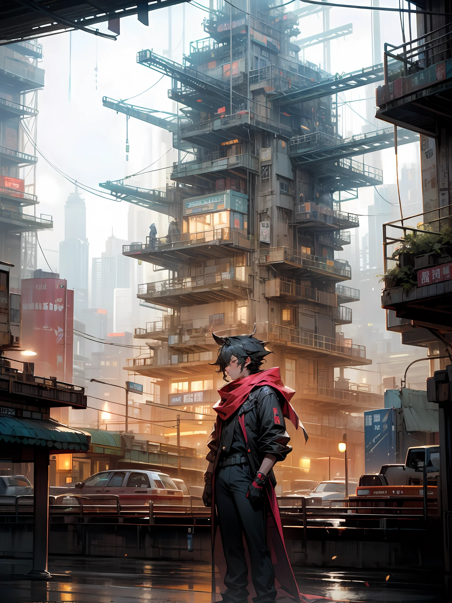 arafed man standing on a pier overlooking a city at night, with a city in the background, in front of a sci fi cityscape, city in the background, city in background, standing in a city center, in hong kong, neon city in the background, in front of a fantasy city, at nighttime, city lights in the background --auto