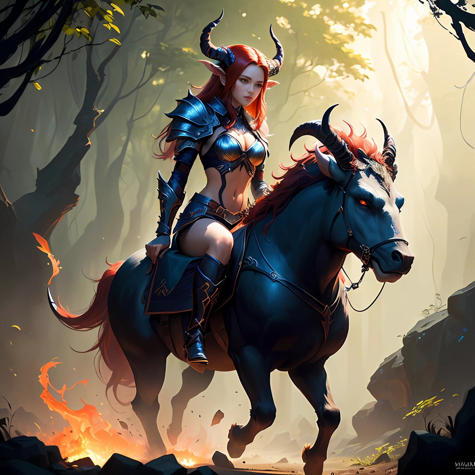 "There is a Red Hair Woman Riding Arapis in the Jungle, No Horns, ((Woman Rides Arapis with Glowing Head and Horns)), Demon Soul Concept Art, Minotaur of Path of Exile, Fire Demon, Polycount Contest Winner, Demon Armor, Fire Summoning Armor, Eternal Choice Acharn, Diablo Concept Art, Nightmare Rendering, CGSOCIETY, Fantasy Art Behans, Pan Chengwei on ArtStation, Fantasy Art Style, [CGSOCIETY Trend]!, Deviantart artstation cgscosiety