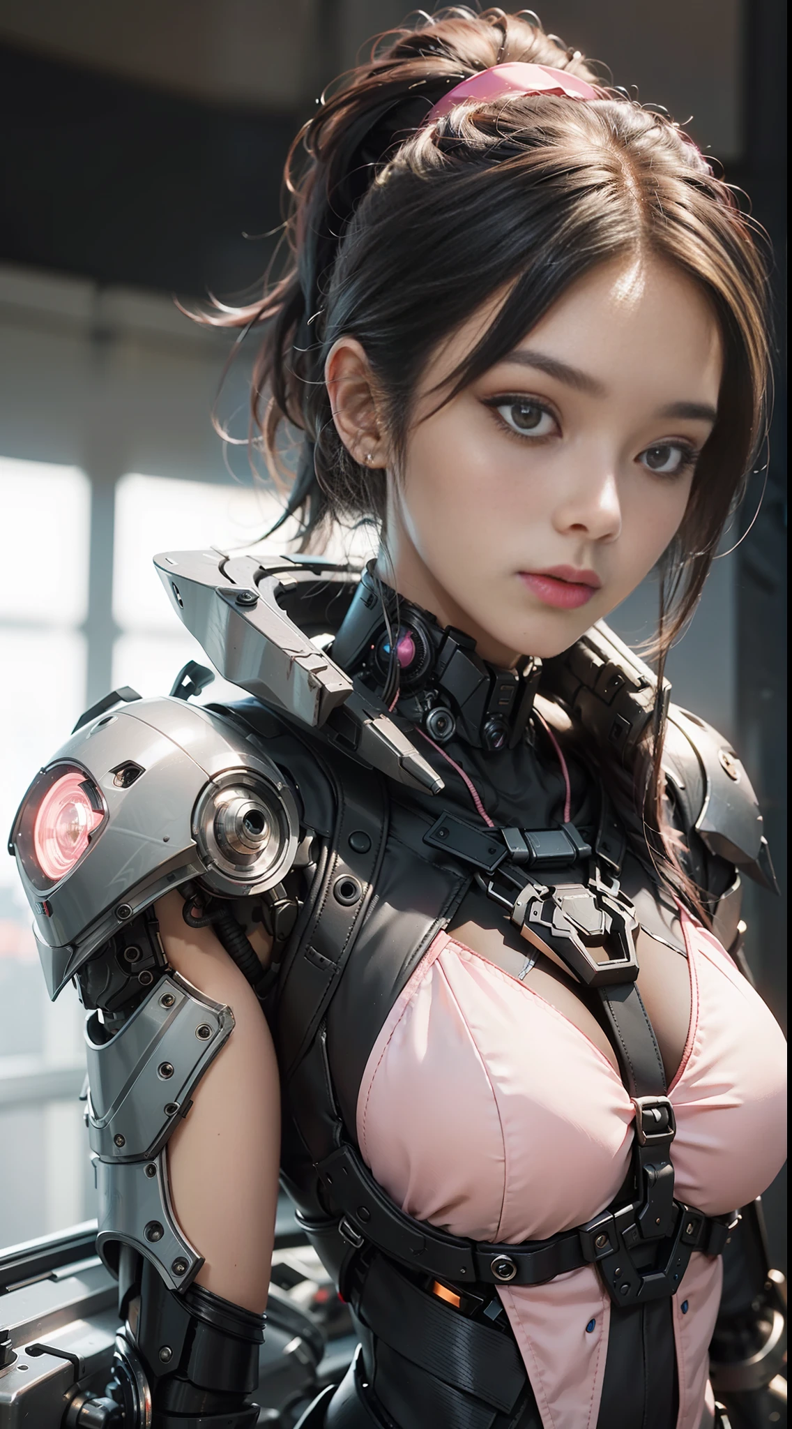 Highest quality, outstanding detail, super high resolution, (realism: 1.4), best illustration, favor details, close-up, a mecha girl, ponytail, with a delicate and beautiful face, ((pink mechanical body: 1.8)), (big breast: 1.2), sexy, standing, frontal, cyberpunk, futuristic, mechanical aesthetics, complex mechanics, background bathroom, virtual engine 5, perfect detail rendering, octane rendering, ultra hd