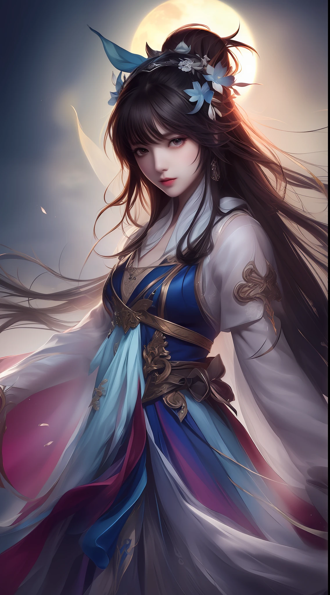 A woman in a blue dress with a flower in her hair - SeaArt AI