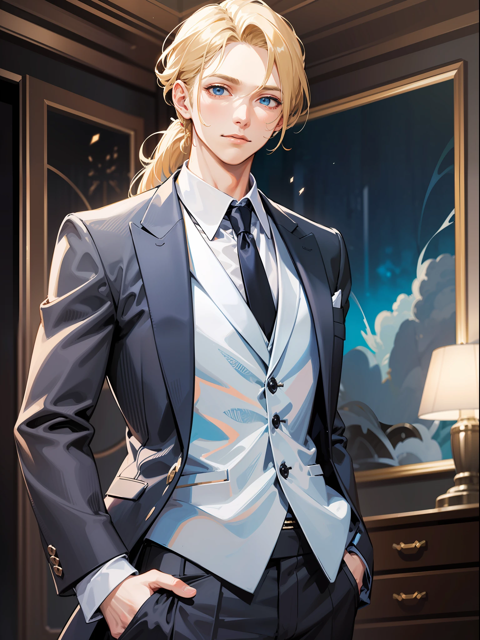 (masterpiece, absurdres, highres, ultra detailed), 1man, wavy blonde hair, blue eyes, ponytail, perfect face, male focus, femboy, flat chest, bulge, androgynous, detailed eyes and face, slight smile, full body shot, cowboy shot, ((best quality)), ((masterpiece)), (detailed), realistic eyes, alluring male, ethereal beauty, (fantasy illustration:1.3), enchanting gaze, captivating pose, solo (boy), delicate, otherworldly charm, soft colors, tuxedo suit, business suit, silk white shirt, haute couture, intricate details, cinematic lightning, depth of field, action packed,