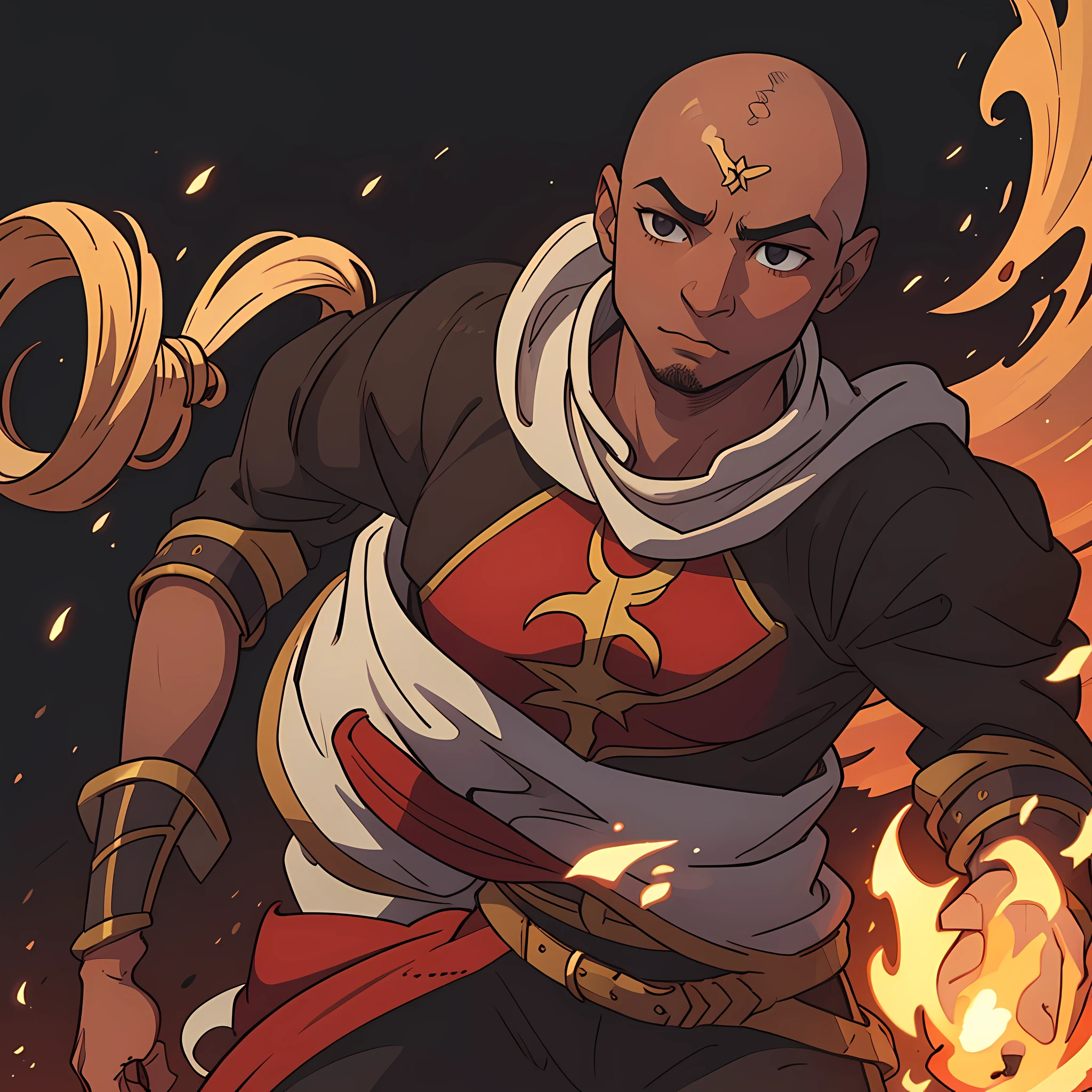 a dark-skinned, bald-skinned medieval warrior