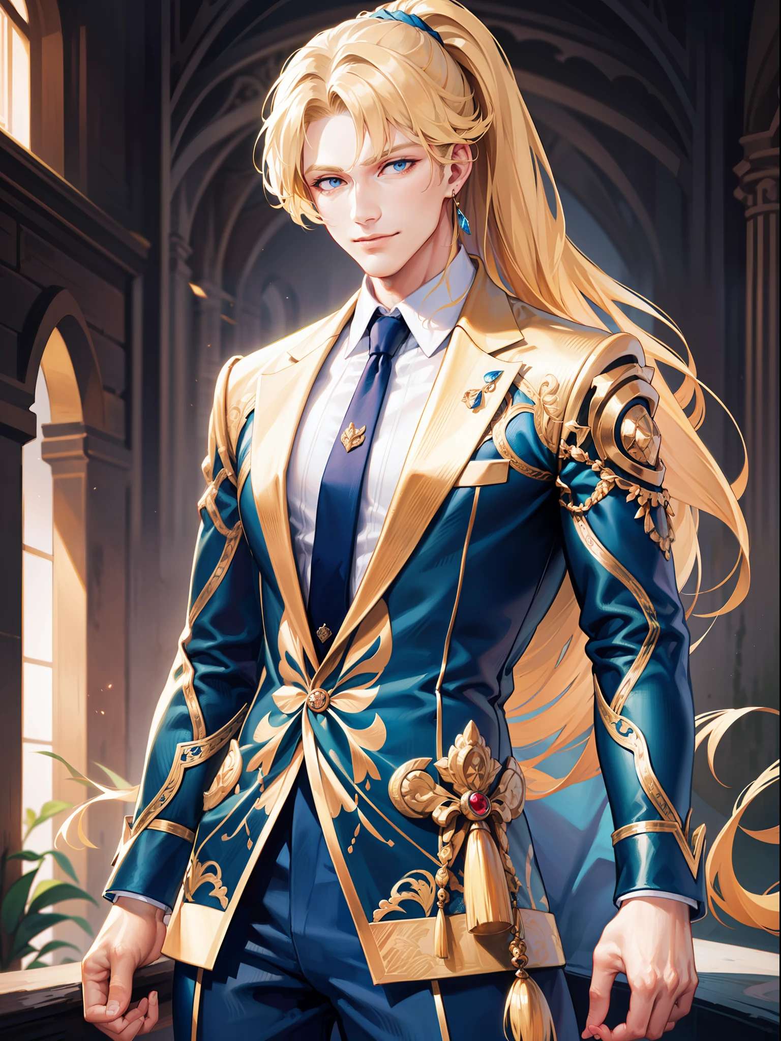 (masterpiece, absurdres, highres, ultra detailed), 1man, wavy blonde hair, blue eyes, ponytail, perfect face, male focus, femboy, flat chest, bulge, androgynous, detailed eyes and face, slight smile, full body shot, cowboy shot, ((best quality)), ((masterpiece)), (detailed), realistic eyes, alluring male, ethereal beauty, (fantasy illustration:1.3), enchanting gaze, captivating pose, solo (boy), delicate, otherworldly charm, soft colors, tuxedo suit, business suit, silk white shirt, haute couture, intricate details, cinematic lightning, depth of field, action packed,