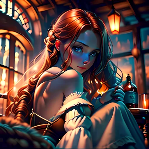 beautiful ginger women in detailed dress at cozy Yacht, air above hair, IPA award wining, masterpiece, at sunset, spectacular view