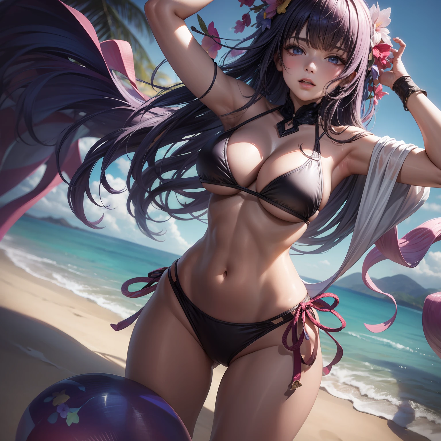 Anime - Woman style in a bikini posing on a beach with a rainbow in the background, realistic bikini, soft CG Art anime, digital anime art, on the beach, seductive anime girl, anime style. 8k, 4k anime style, detailed digital anime art, 3d style anime, on a sunny beach, marin kitagawa fanart, photorealistic anime girl rendering, big chest, realistic bikini, flushed face,