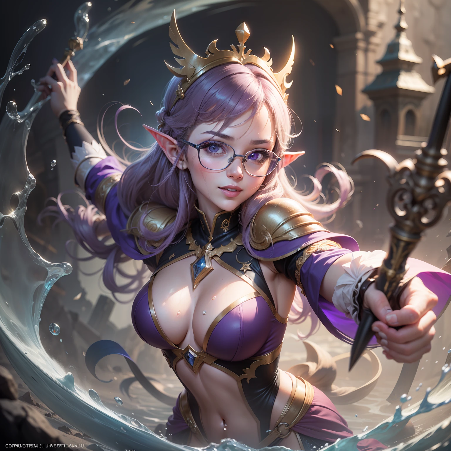 1girle, beautiful sexy, purple eyes, dynamic pose, sitcom expressions and movements, details of mage costumes, magic lines all over clothes and holding a magic staff, Magic crown on head and an elemental elf around girl, Evil, Firm, Excited, Seductive Smile, Watery Eyes, Eye Reflex, Halo, Rimless Glasses, Multiple Hair Knots, Action Painting, Surrealism, Depth of Field, Film Lighting, God Ray, Ray Tracing, Sony FE GM, First Person Perspective, Perspective, Moving diagram, UHD, masterpiece, anatomically correct, best quality, 8k