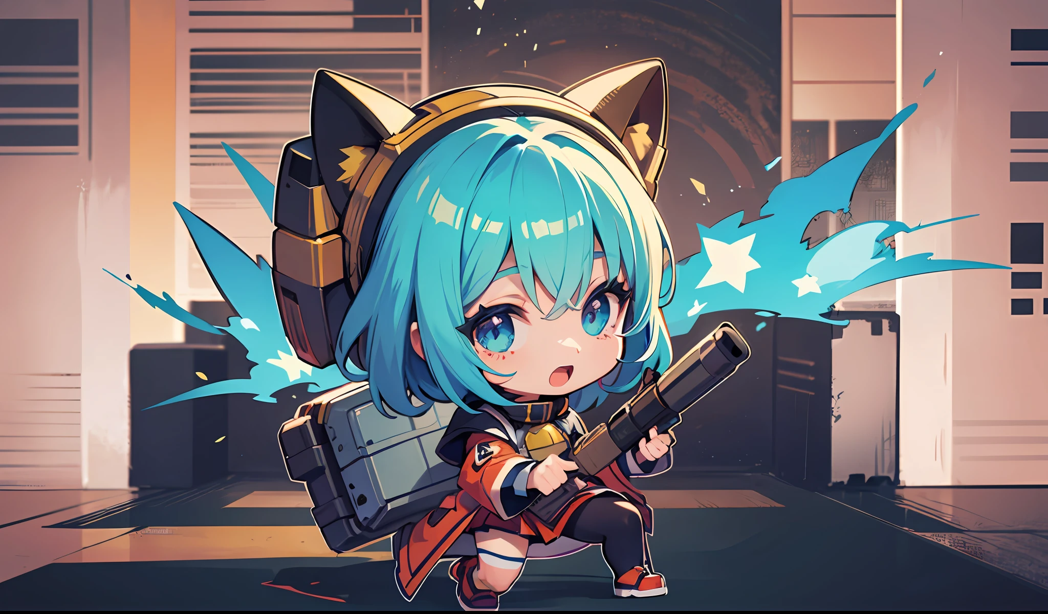 (Sticker: 1.5), White Punch, Rocket Launcher, Girl, High School Student, Chibi Character