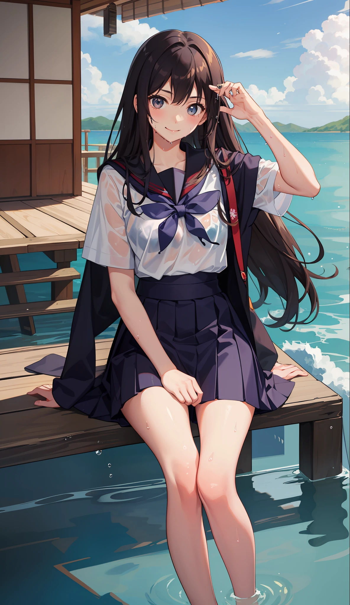 1 girl, smile, shirt, skirt, (small) chiralism, Japan high school school uniform, seravuk, summer clothes, squall-wet uniform, sheer bra, (portrait from knee up),