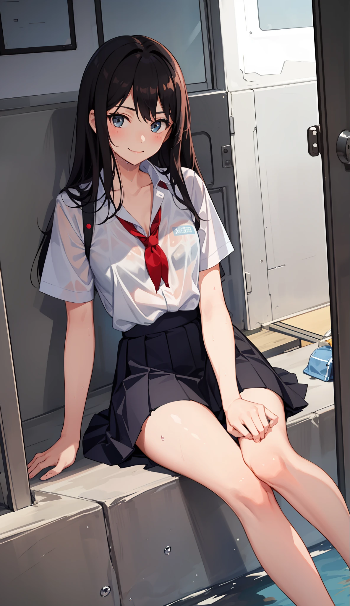1 girl, smile, shirt, skirt, (small) chiralism, Japan high school school uniform, seravuk, summer clothes, squall-wet uniform, sheer bra, (portrait from knee up),