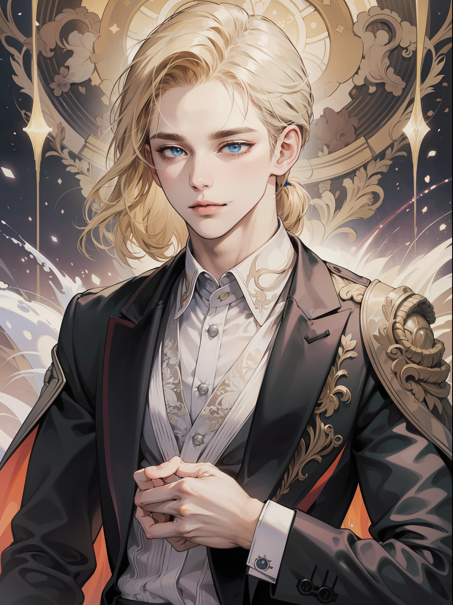 (masterpiece, absurdres, highres, ultra detailed), 1man, wavy blonde hair, blue eyes, ponytail, perfect face, male focus, femboy, flat chest, bulge, androgynous, detailed eyes and face, slight smile, full body shot, cowboy shot, ((best quality)), ((masterpiece)), (detailed), realistic eyes, alluring male, ethereal beauty, (fantasy illustration:1.3), enchanting gaze, captivating pose, solo (boy), delicate, otherworldly charm, soft colors, tuxedo suit, business suit, silk white shirt, haute couture, intricate details, cinematic lightning, depth of field, action packed,