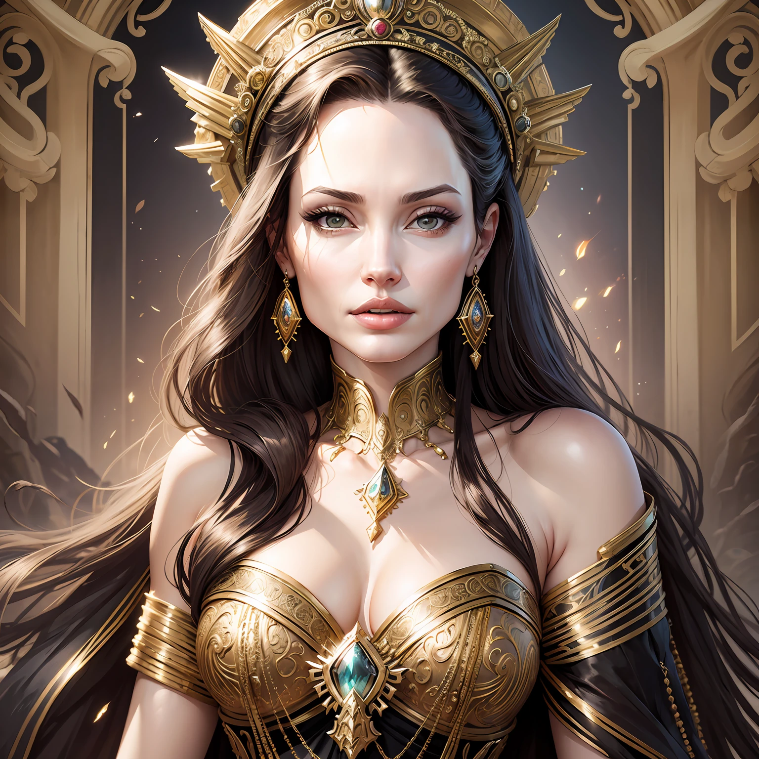 ANGELINA JOLIE, ultra realistic eslfo styling with an illuminated face, illuminated white feathers, illuminated glass and crystal sheets, falling feathers, white branch crown ,, white flowers, white flowers, fine foliage lace and with light, steampunk, details in silver gold filigree, fine linen, style , 8 K --auto