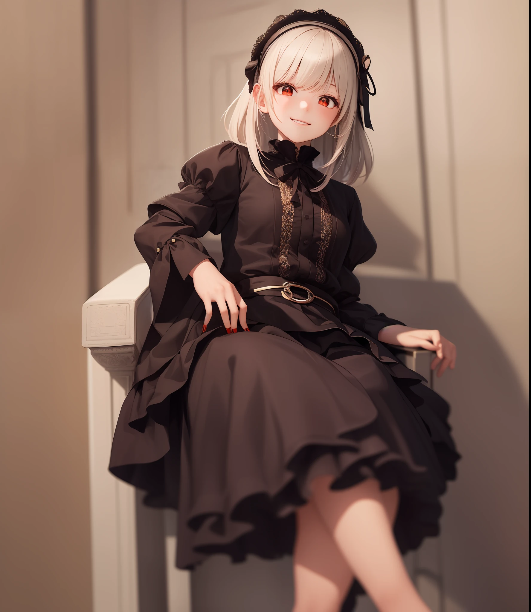 There is a woman sitting on the throne wearing a dress and hat, loli in dress, little curvy loli, girl front style, anime girl wearing black dress, from girl front, exquisite details. Girl Front, cute and elegant pose, Girl Front CG, cute anime Huaifu wearing beautiful clothes, M4 Sopmod II Girl Front