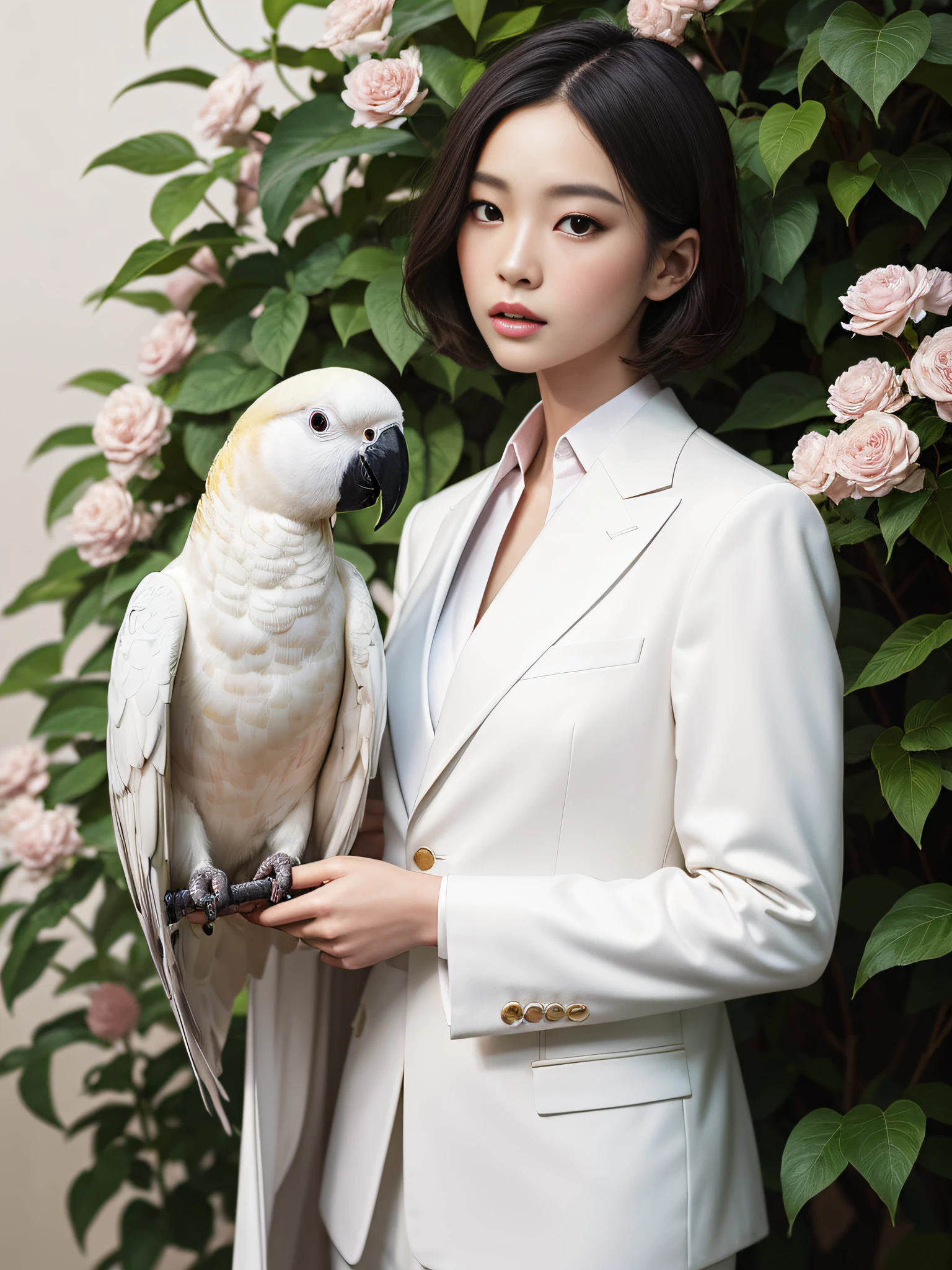 A fashion magazine, Hyperrealistic oil painting, a pure white parrot, A neutral model in a white suit, pink and emerald, Plants cover the background, (style of artist hsiao-ron cheng), shiny hair, cowboy shot, Art Deco, Verism, bloom, award winning, retina --auto