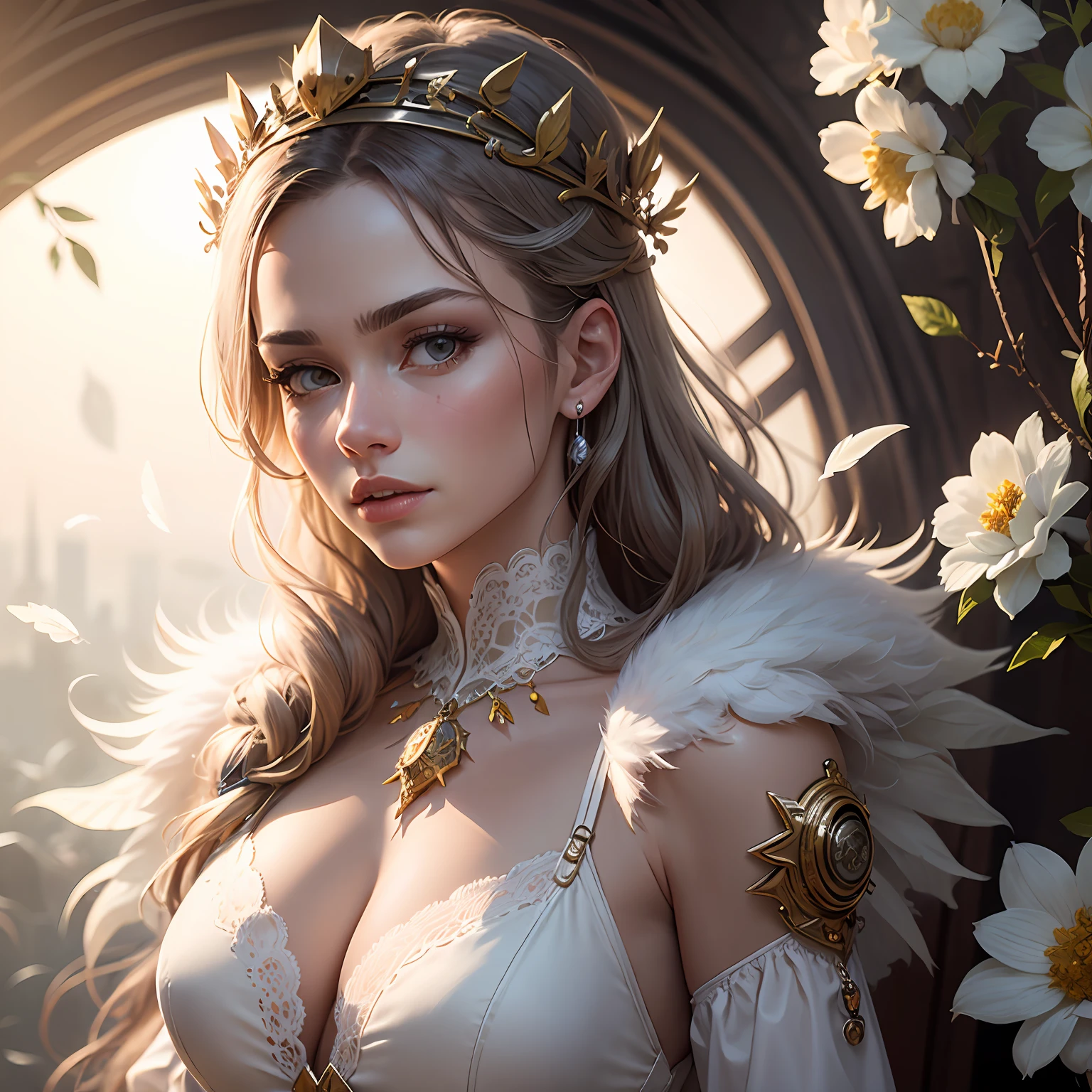 JEAN CLODE VAN DAMME, ultra realistic slfo styling with an illuminated face, illuminated white feathers, illuminated glass and crystal sheets, falling feathers, white branch crown,, white flowers, white flowers, fine foliage lace and with light, steampunk, silver gold filigree details, fine linen, style, 8 K --auto