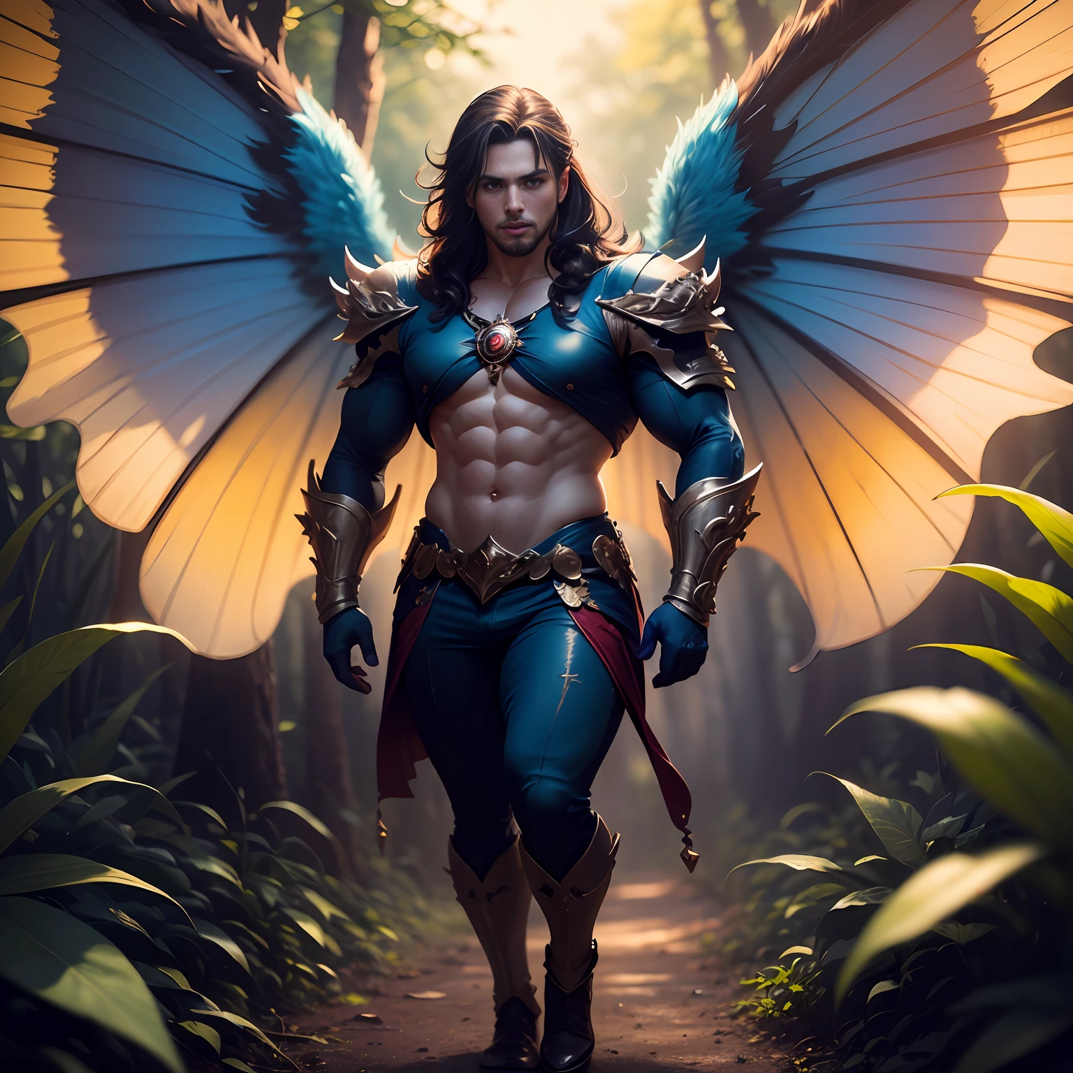 Cute male fairy man with blue and orange details, large wings, forest in background, vibrant colors, full body, detailed face, detailed hands, detailed legs, detailed fingers, detailed hair, detailed eyes, detailed skin, lush vegetation blurred background, vibrant colors, lush light, soft light, sunset light, smooth light, symmetrical, full body, reflections, dynamic HDR lighting, 8k resolution, cinematic film,  smooth, sharp focus, realistic, strobe light beams, ((blurred background)):1.7, (((depth of field)) ):1.8, cinestill 800t 35mm, high quality, heavy grain, high detail, cinematic composition, dramatic light, anamorphic, ultra wide lens, hyperrealistic --auto
