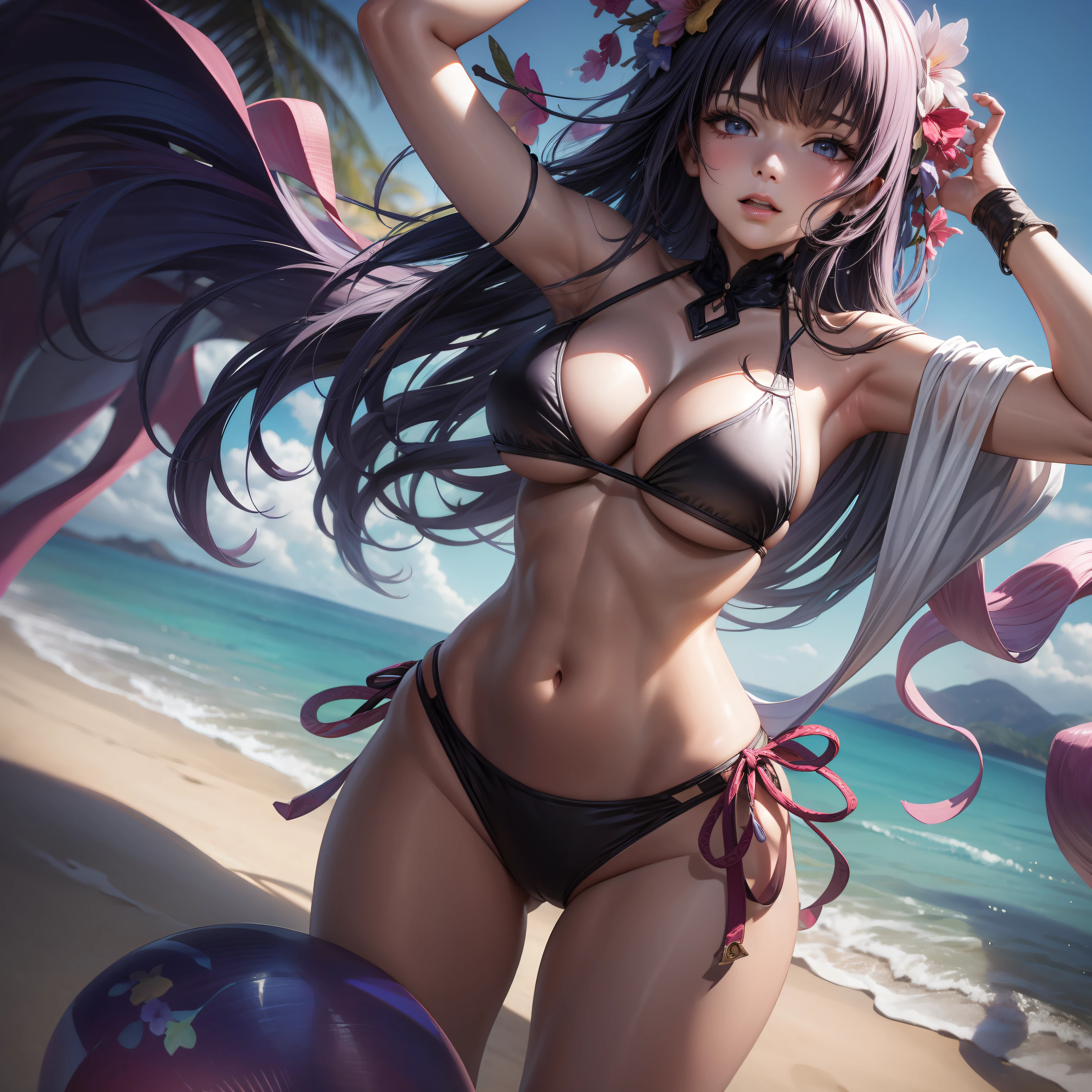 Anime - Woman style in a bikini posing on a beach with a rainbow in the background, realistic bikini, soft CG Art anime, digital anime art, on the beach, seductive anime girl, anime style. 8k, 4k anime style, detailed digital anime art, 3d style anime, on a sunny beach, marin kitagawa fanart, photorealistic anime girl rendering, big chest, realistic bikini, flushed face,