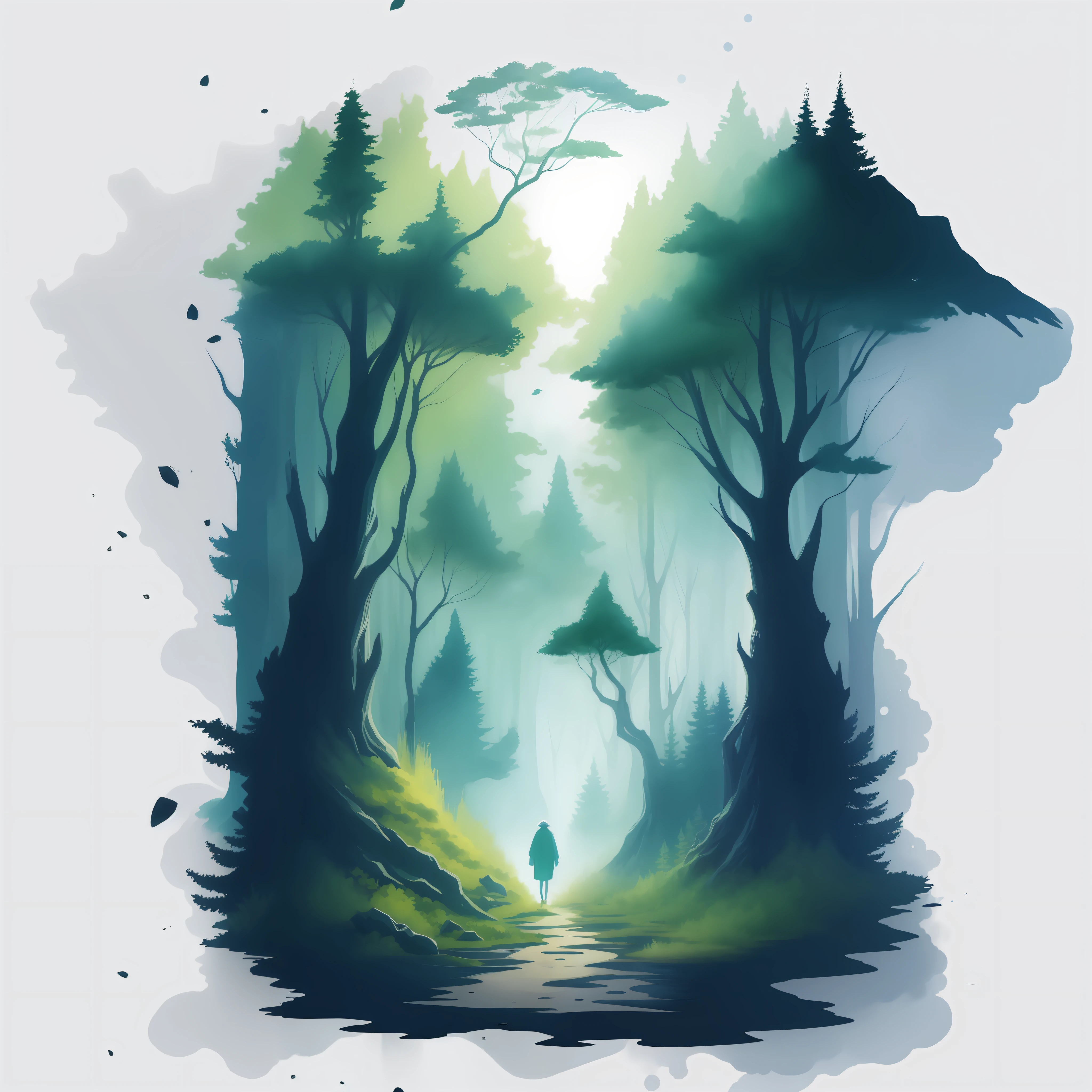T-shirt design, genshin impact graphic, vector, watercolor, dreamy and ethereal painting of a forest landscape, perfect for a nature-inspired t-shirt design.