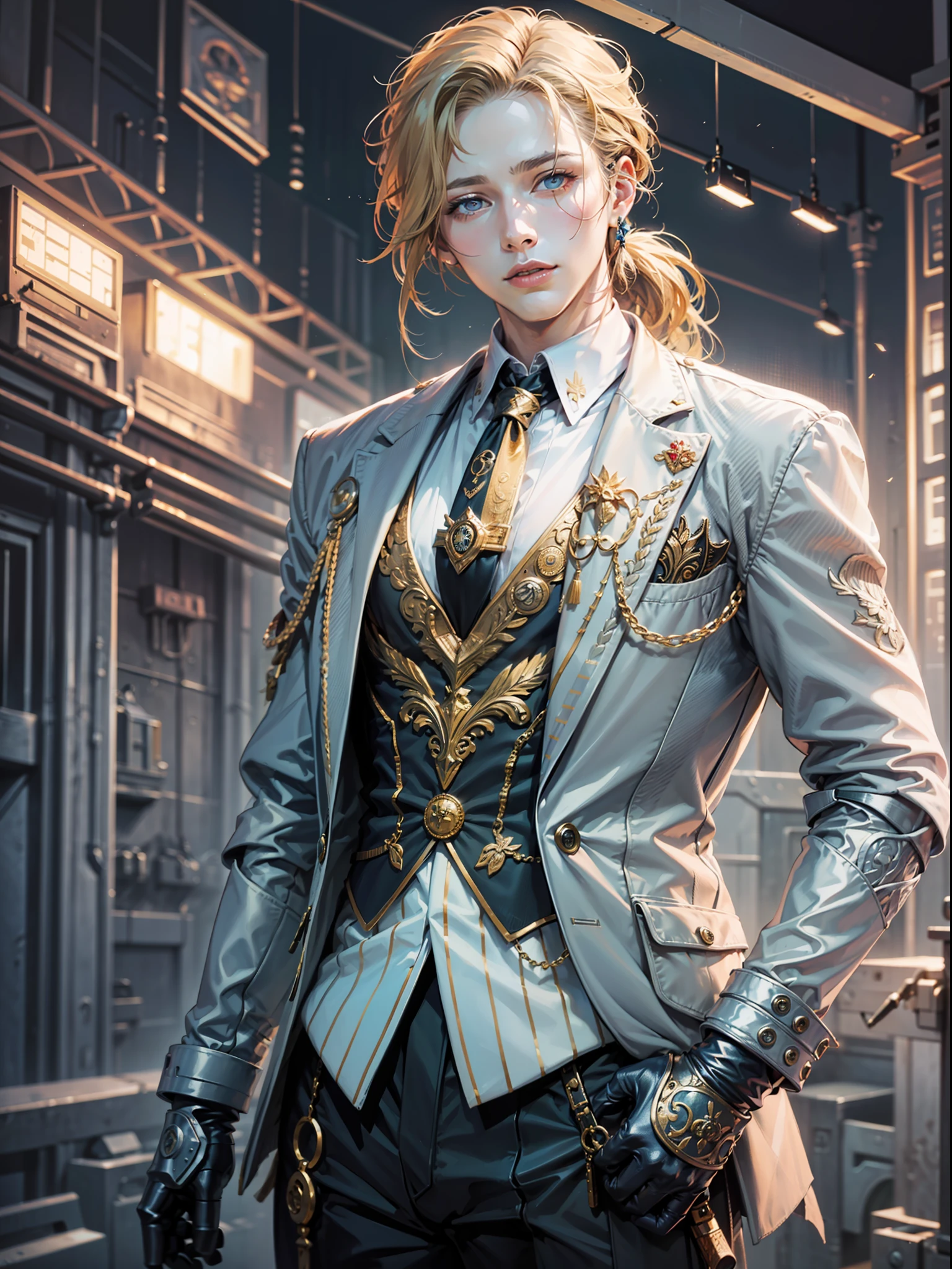(masterpiece, absurdres, highres, ultra detailed), 1man, wavy blonde hair, blue eyes, ponytail, perfect face, male focus, femboy, flat chest, bulge, androgynous, detailed eyes and face, slight smile, full body shot, cowboy shot, ((best quality)), ((masterpiece)), (detailed), realistic eyes, alluring male, ethereal beauty, (fantasy illustration:1.3), enchanting gaze, captivating pose, solo (boy), delicate, otherworldly charm, soft colors, tuxedo suit, business suit, silk white shirt, haute couture, intricate details, cinematic lightning, depth of field, action packed,