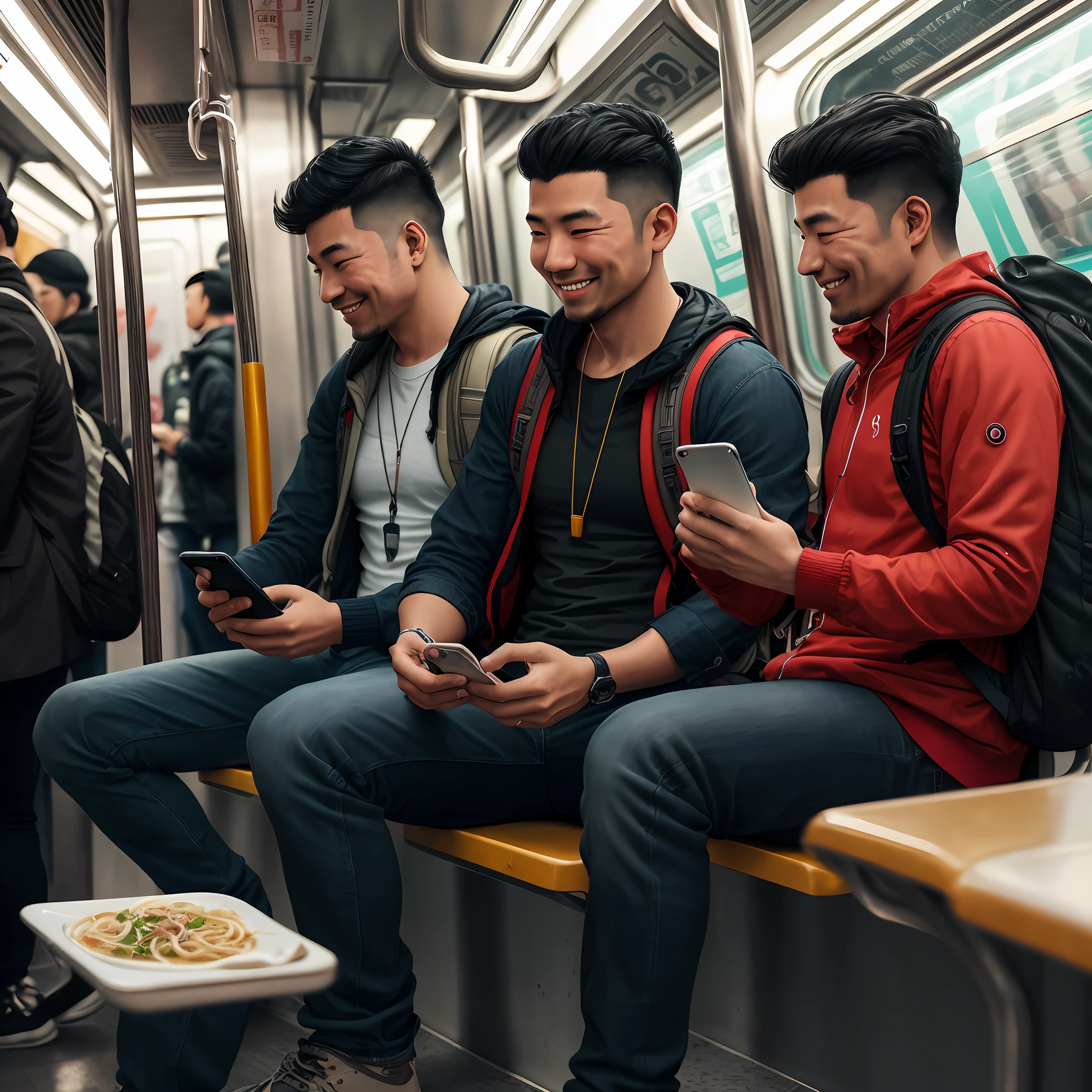 Latino man sitting on a subway with a backpack and a cell phone, looking at his phone, high quality photo, smile of conquest), # oc, #oc, Chinese artist, eating, photo taken on 2 0 2 0, taken in early 2020, eating ramen --auto