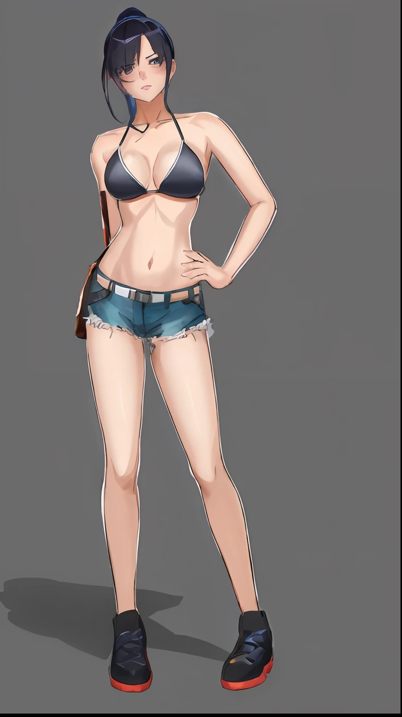 Cartoon of a woman in a bikini top and shorts with a purse, of frontline girls, front line style girls, fine details. front line girls, thigh focus, seductive anime girl, revealing outfit, moody scene noire, ecchi anime style, cell shaded adult animation, SFW Version, (sfw) safe for work, Varied positions, big breasts, black hair