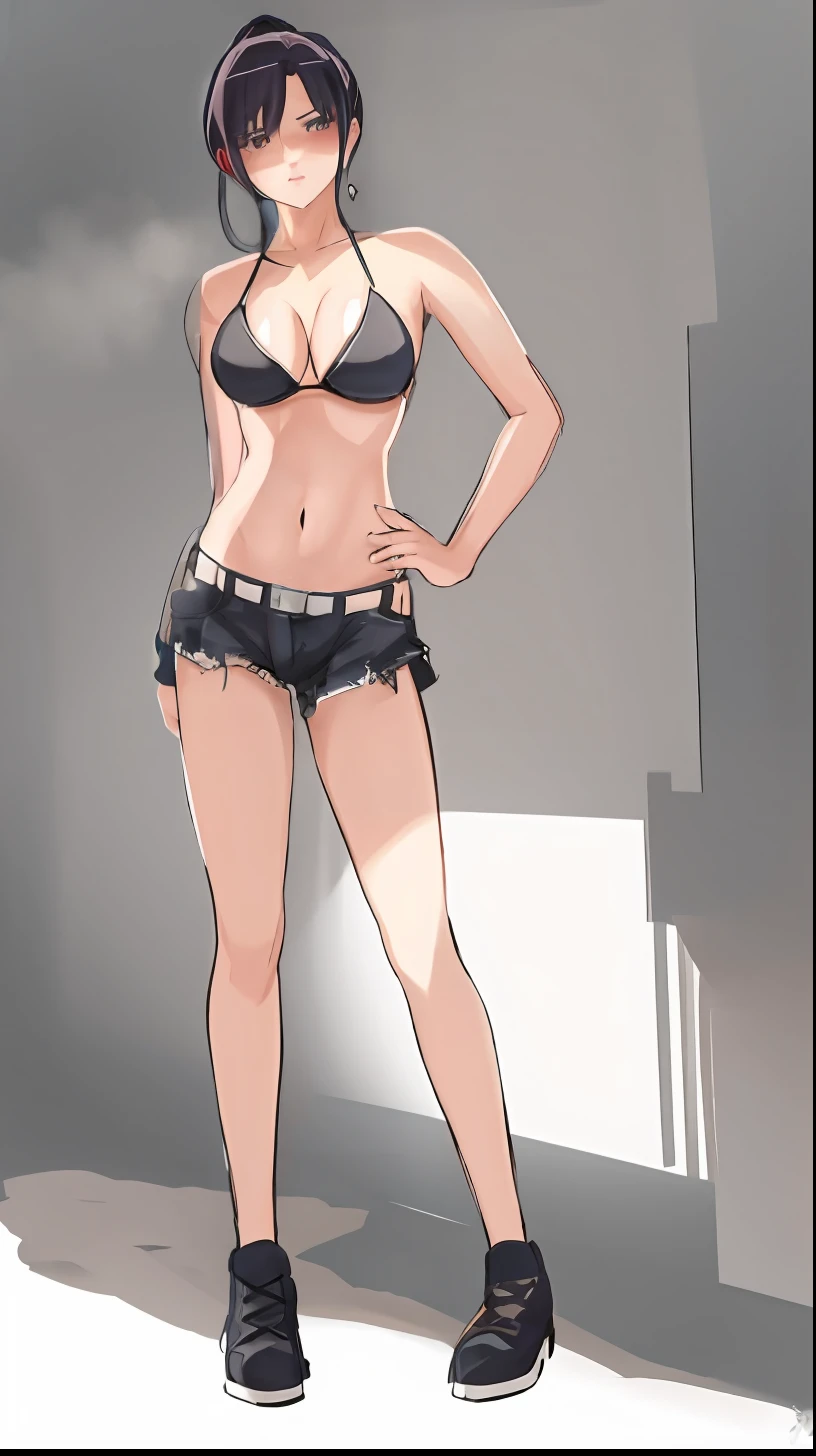 Cartoon of a woman in a bikini top and shorts with a purse, of frontline girls, front line style girls, fine details. front line girls, thigh focus, seductive anime girl, revealing outfit, moody scene noire, ecchi anime style, cell shaded adult animation, SFW Version, (sfw) safe for work, Varied positions, big breasts, black hair