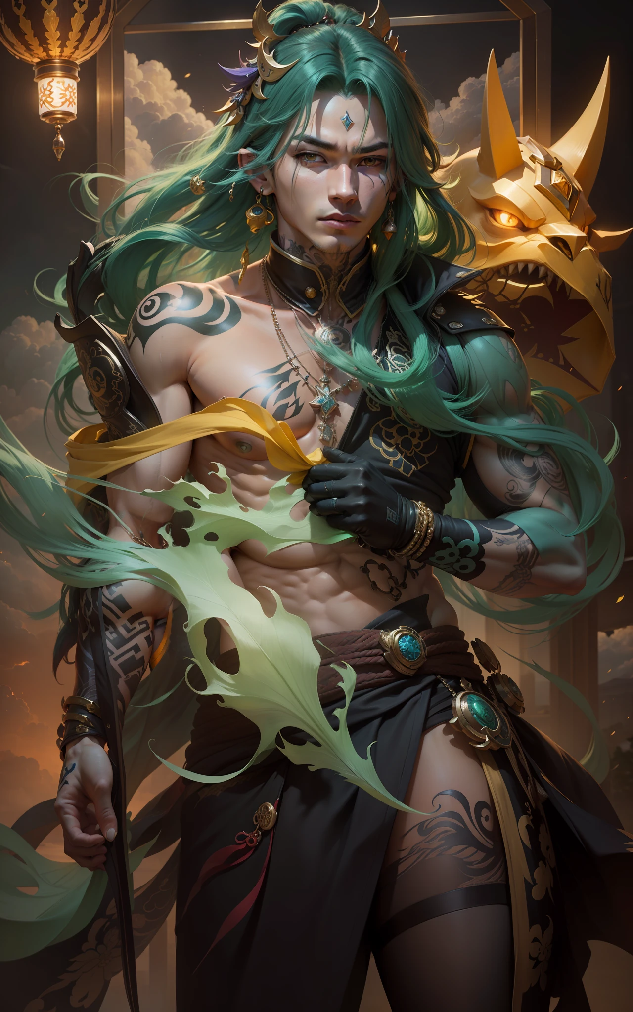Masterpiece, best quality, 1 boy, male focus, solo, Xiao (Genshin Impact), muscular, gloves, tattoo, arm tattoo, necklace, cloud, jewelry, mask, green hair, beaded necklace, multicolored hair, beads, yellow eyes, looking at the viewer, (landscape background: 1.4), (kbxll: 0.6)