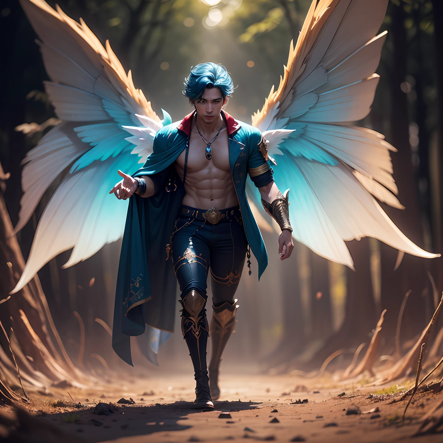 Cute male fairy man with blue and orange details, large wings, forest in background, vibrant colors, full body, detailed face, detailed hands, detailed legs, detailed fingers, detailed hair, detailed eyes, detailed skin, lush vegetation blurred background, vibrant colors, lush light, soft light, sunset light, smooth light, symmetrical, full body, reflections, dynamic HDR lighting, 8k resolution, cinematic film, smooth, sharp focus, realistic, strobe light beams, ((blurred background)):1.7, (((depth of field)) ):1.8, cinestill 800t 35mm, high quality, heavy grain, high detail, cinematic composition, dramatic light, anamorphic, ultra wide lens, hyperrealistic --auto