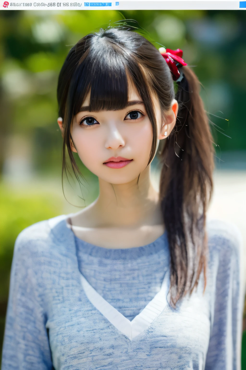(4k, Best Quality, High Resolution:1.1), (Realistic, Photorealistic:1), Cute Girl With Flat Breasts, Asuka, (Cute:1.8), Cuties, Solo, (Flat Breasts:1.2), Detailed Eyes, Brown Eyes, Innocent Eyes, Blushing, Random Clothes, Masterpieces, Beautiful Lighting, Cinema Lights, Film Grain, Jewelry, Heart-Shaped Earrings, Bangs, Cherry Lips, viewer, upper body, open lips, ponytail, side ponytail, two sideways, depth of field, blurred background, eye focus, bokeh, 85mm lens, f/1.4, professional lighting, photon mapping, radiosity, physically based rendering, high detail, masterpiece,