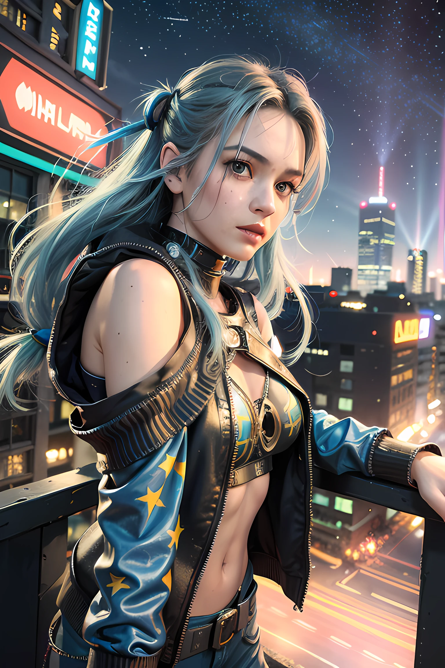 (Masterpiece), Best Quality, Ultra High Resolution, Little Girl, Cyberpunk 1girl Flying over stunning cityscape, hoodie, blue hair, neon shooting star, very long hair, off-the-shoulder, feather hair ornaments, neon color, glitter, stunning night sky, cinematic lighting, realistic, realistic skin, HDR, fisheye female with open navel sexy cheerful