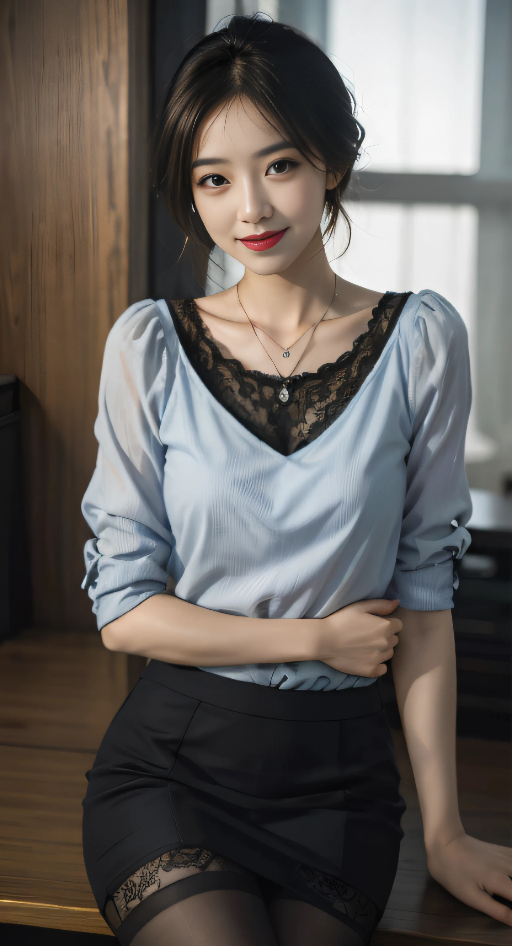 there is a woman sitting on a table with a black skirt, wearing a blouse, chiffon, dream medium portrait top light, blue soft details, medium portrait top light, with black, elegant clothes, loose - fitting blouses, fancy top, close portrait, wearing a light blue shirt, gorgeous lady, korean women's fashion model, product introduction photo, silk