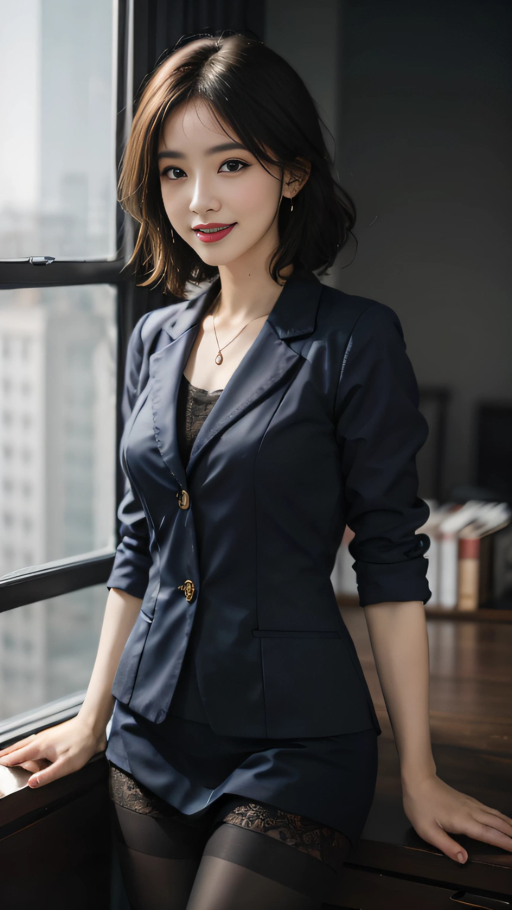 there is a woman that is posing by a window, wearing black business suit, wearing business suit, wearing a business suit, wearing a black noble suit, woman in black business suit, girl in suit, girl in a suit, black business suit, woman in business suit, with a business suit on, wearing a black blazer, office clothes, wearing a blazer