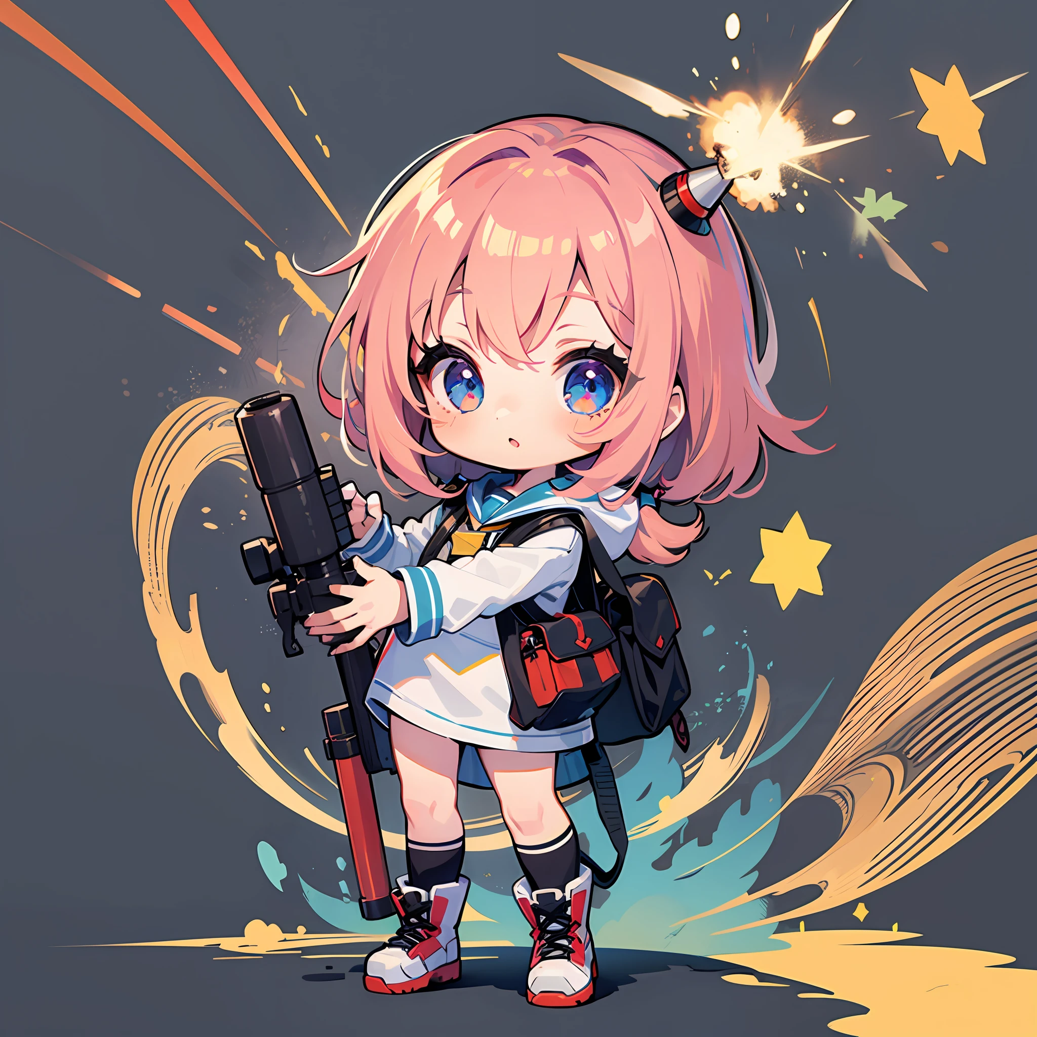 (Stickers: 1.5), white background, rocket launcher, girl, high school student, chibi character, full body