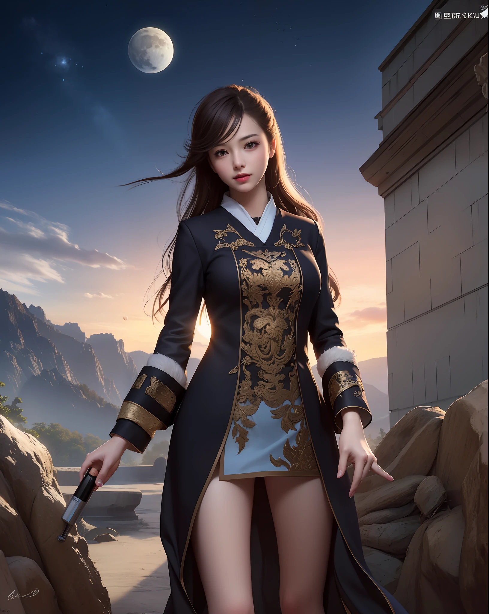 (8k, RAW photo:1.2), best quality, ultra high res,dramatic angle,(fluttered detailed color splashs), (illustration),(((1 girl))),(long hair),(rain:0.9), (头饰:1.4),少女身边有一座古宫,汉服,(重点),彩色水墨画,(泼彩),泼彩,(((colorful))),(素描:0.8) , Masterpiece, best quality, beautiful painted, highly detailed,(denoising:0.6),[splash ink],((ink refraction)), (beautiful detailed sky),moon,highly,detaild,(masterpiece, best quality, extremely detailed） CG unity 8k壁纸，杰作，最好的质量，超详细），（石蒜），