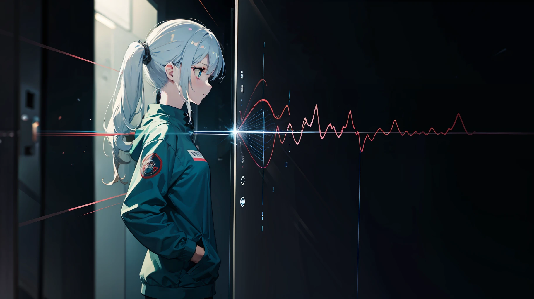 Wallpaper, 8k, rich details, ((masterpiece)), ((master work)), ((abstract)), (electrocardiogram), green lines, (1girl:-1), white ponytail, (girl on the right side of the screen), (hands in pockets)), quadratic, plain clothing, floating simple geometric figures, (tech: 0.2), loneliness