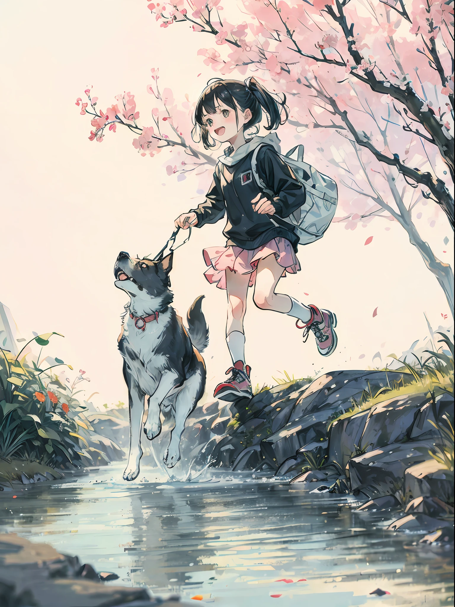 In spring, in nature, a girl and dog, play