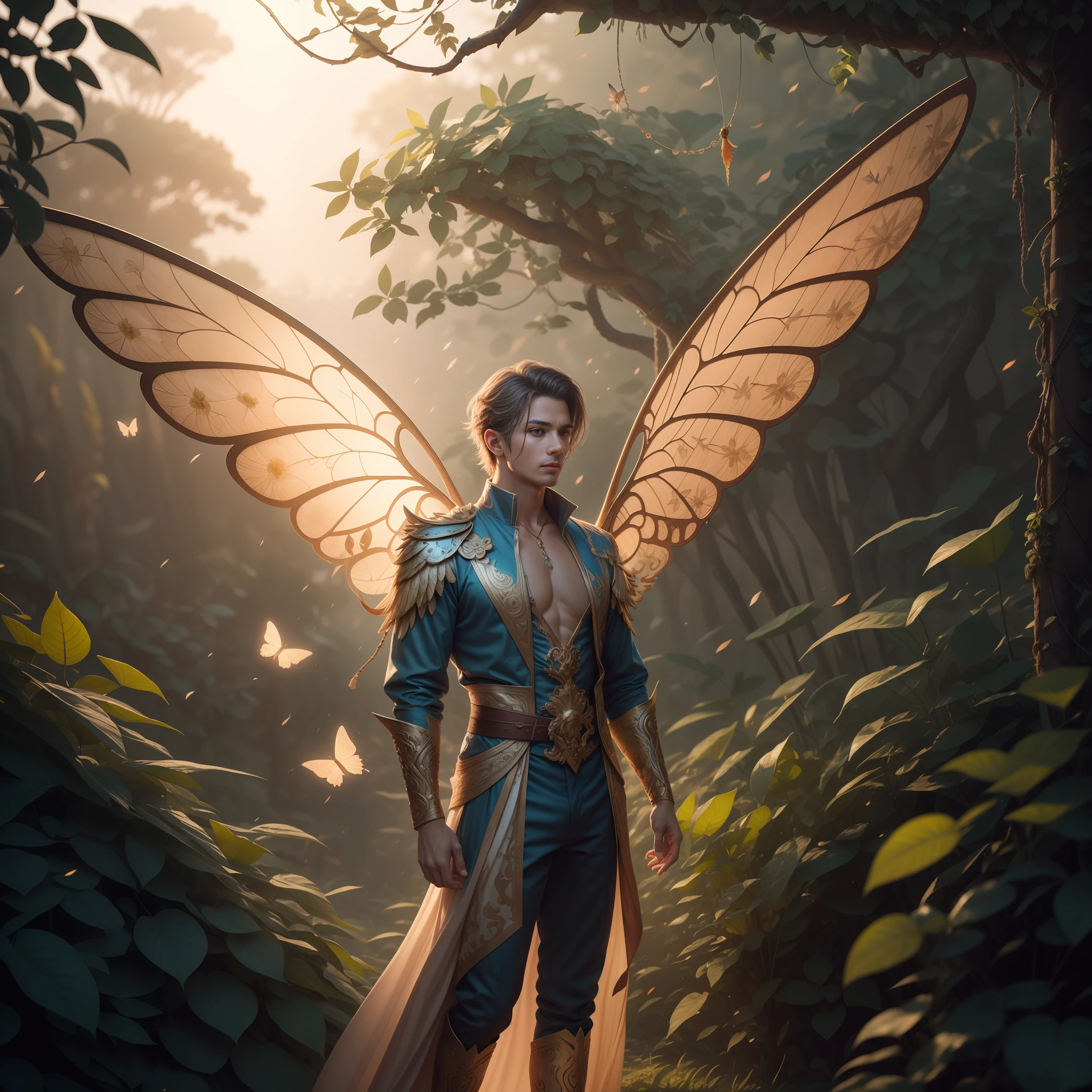 Beautiful male male fairy outfit, long clothes, full body, with orange and gold details, large wings, with butterflies flying through the nose, branches of plants rising up the cheekbones, delicacy, beauty, full body, lush vegetation blurred background, vibrant colors, lush light, soft light, sunset light, smooth light, symmetrical, full body, reflections, dynamic HDR lighting, 8k resolution, cinematic film, smooth, sharp focus, realistic, strobe light beams, ((blurred background)):1.7, (((depth of field)) ):1.8, cinestill 800t 35mm, high quality, heavy grain, high detail, cinematic composition, dramatic light, anamorphic, ultra wide lens, hyperrealistic