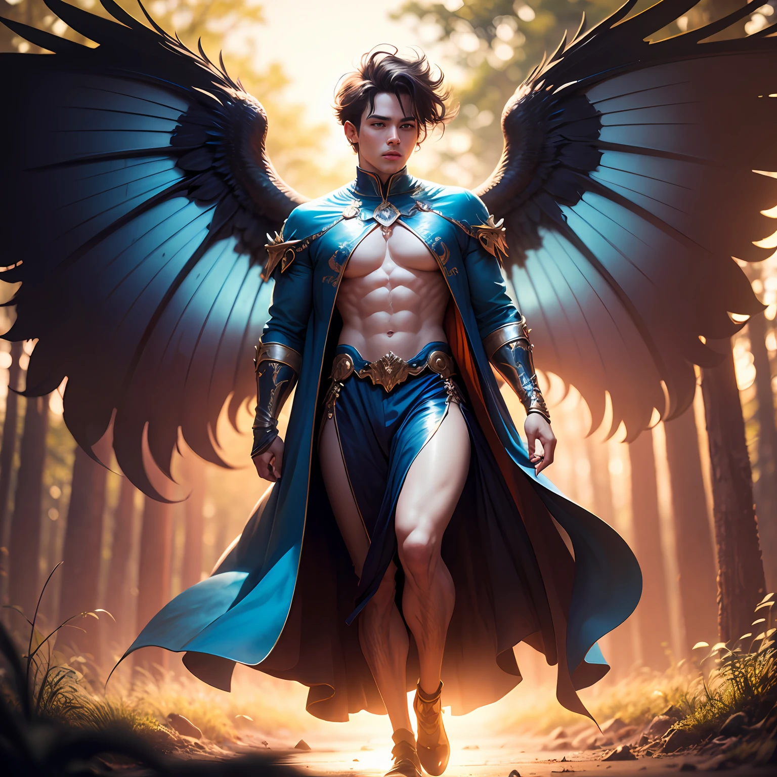 Cute male fairy man with blue and orange details, large wings, forest in background, vibrant colors, full body, detailed face, detailed hands, detailed legs, detailed fingers, detailed hair, detailed eyes, detailed skin, lush vegetation blurred background, vibrant colors, lush light, soft light, sunset light, smooth light, symmetrical, full body, reflections, dynamic HDR lighting, 8k resolution, cinematic film, smooth, sharp focus, realistic, strobe light beams, ((blurred background)):1.7, (((depth of field)) ):1.8, cinestill 800t 35mm, high quality, heavy grain, high detail, cinematic composition, dramatic light, anamorphic, ultra wide lens, hyperrealistic --auto