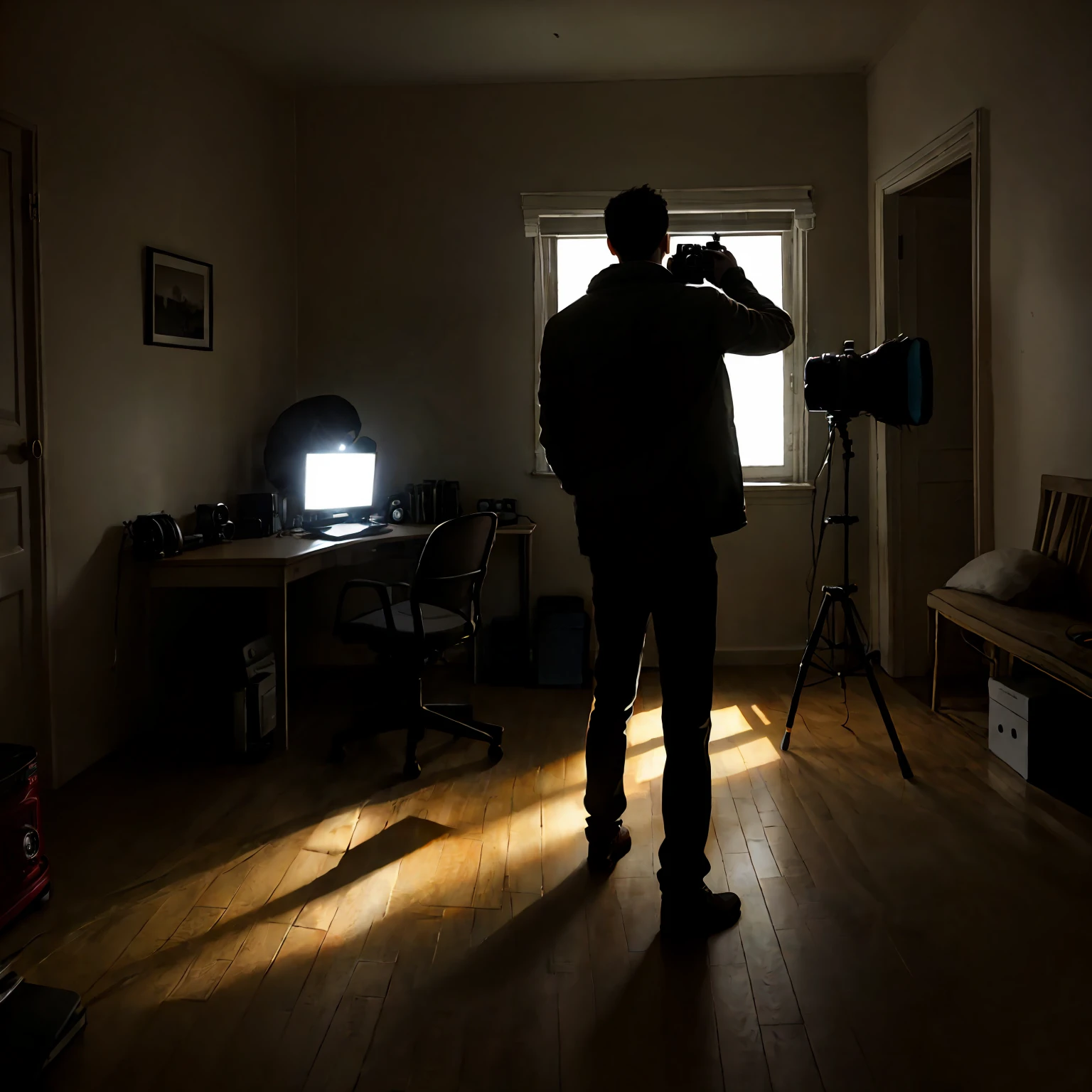 young man illuminating gloomy room with camera