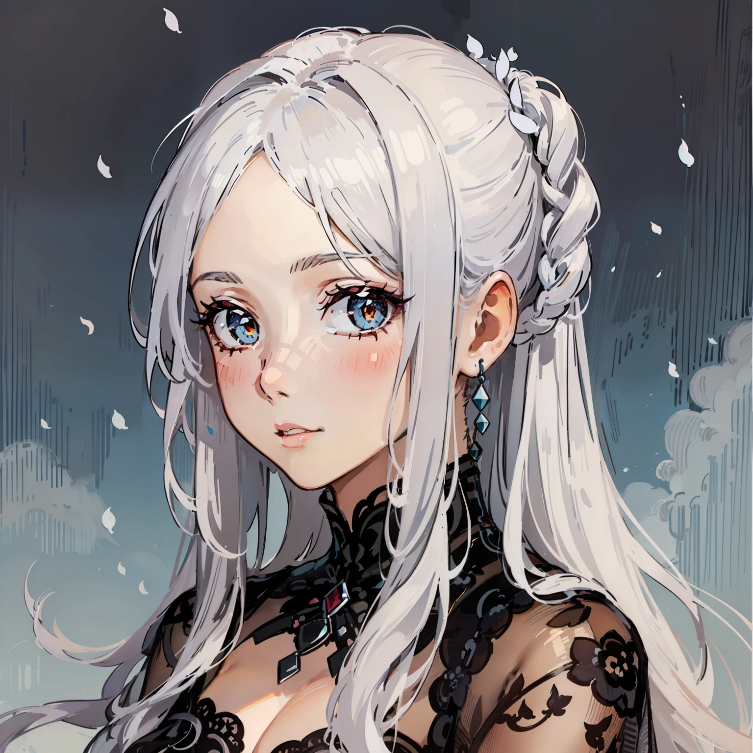 A woman with long white hair tied back behind her head, with midnight eyes. Wears a long flowing dress