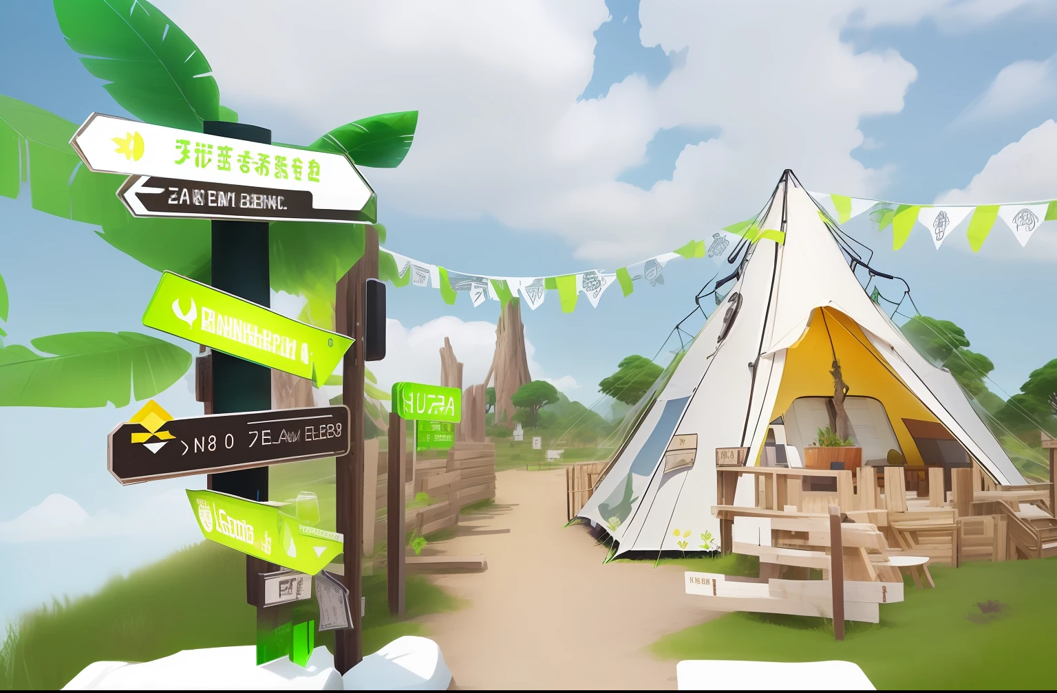 On the grass there is a tent with signs and signpost posts, forest theme, green theme, green theme, forest theme, flying trees and park items, forest punk background, Snapchat photos such as 🐘 🐳 👽 🤖 , props containing trees, virtual set, island background, 🐿🍸🍋 screenshot Reality building 8K picture quality Detail depiction Clouds