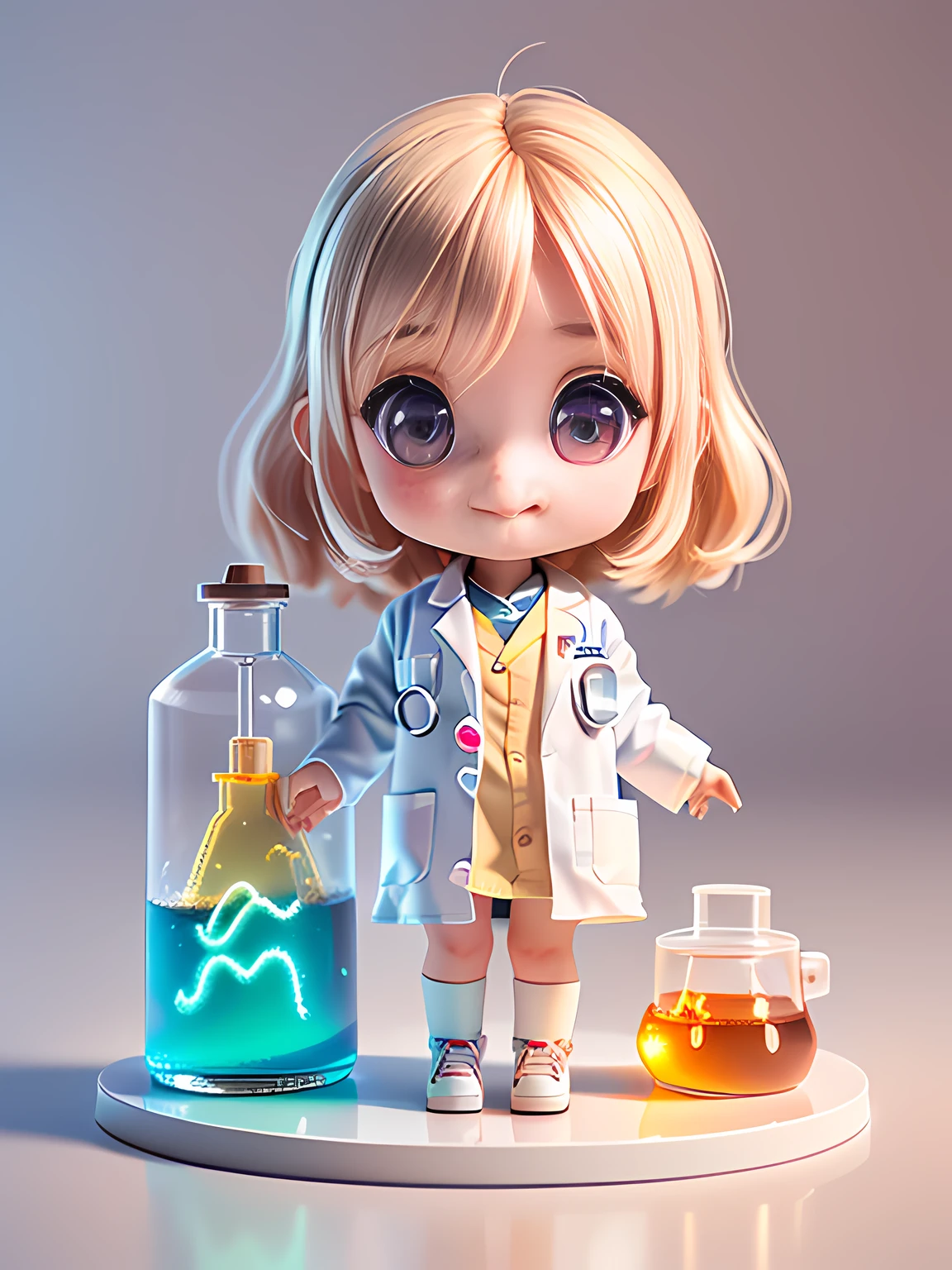 Super cute girl full body 3d drawing, 1 pc, good looking eyes, big eyes, cute, happy, c4d, pop matt blind box, glowing bubble, toy, solid color background, chibi, fluorescent translucency, luminescence, kawaii, doll, ((((scientist, white lab coat))), reference table, pop mart blind box, pixar, complex details, 3d rendering, blender, oc renderer, fol body reference sheet, dribble , High Details, 8K, Studio Lighting, Loli, Petite, , Chibi, SD characters: 1.1, Magic Lab background