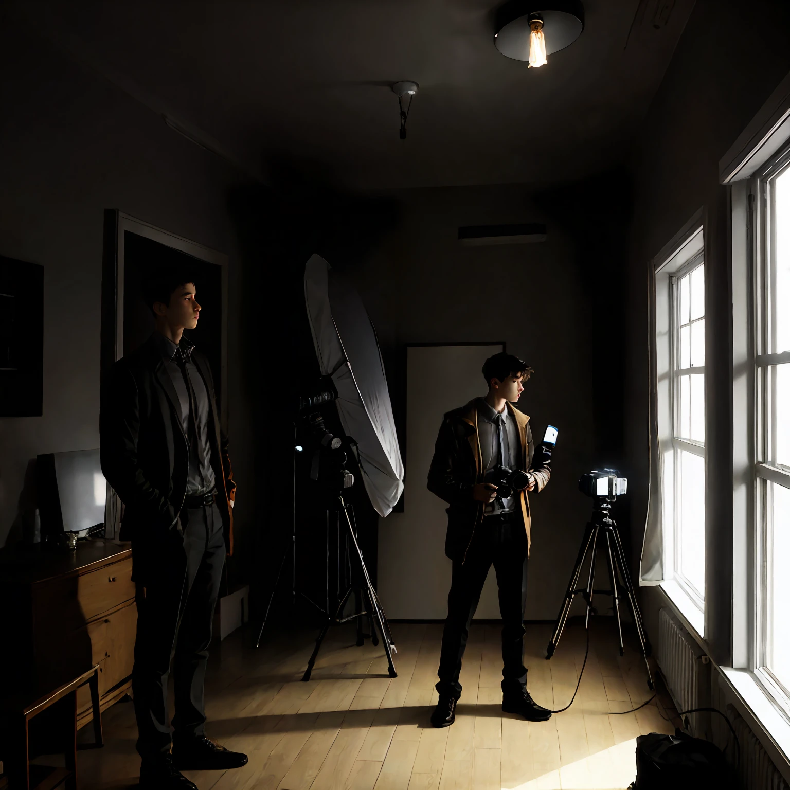 young man illuminating gloomy room with camera