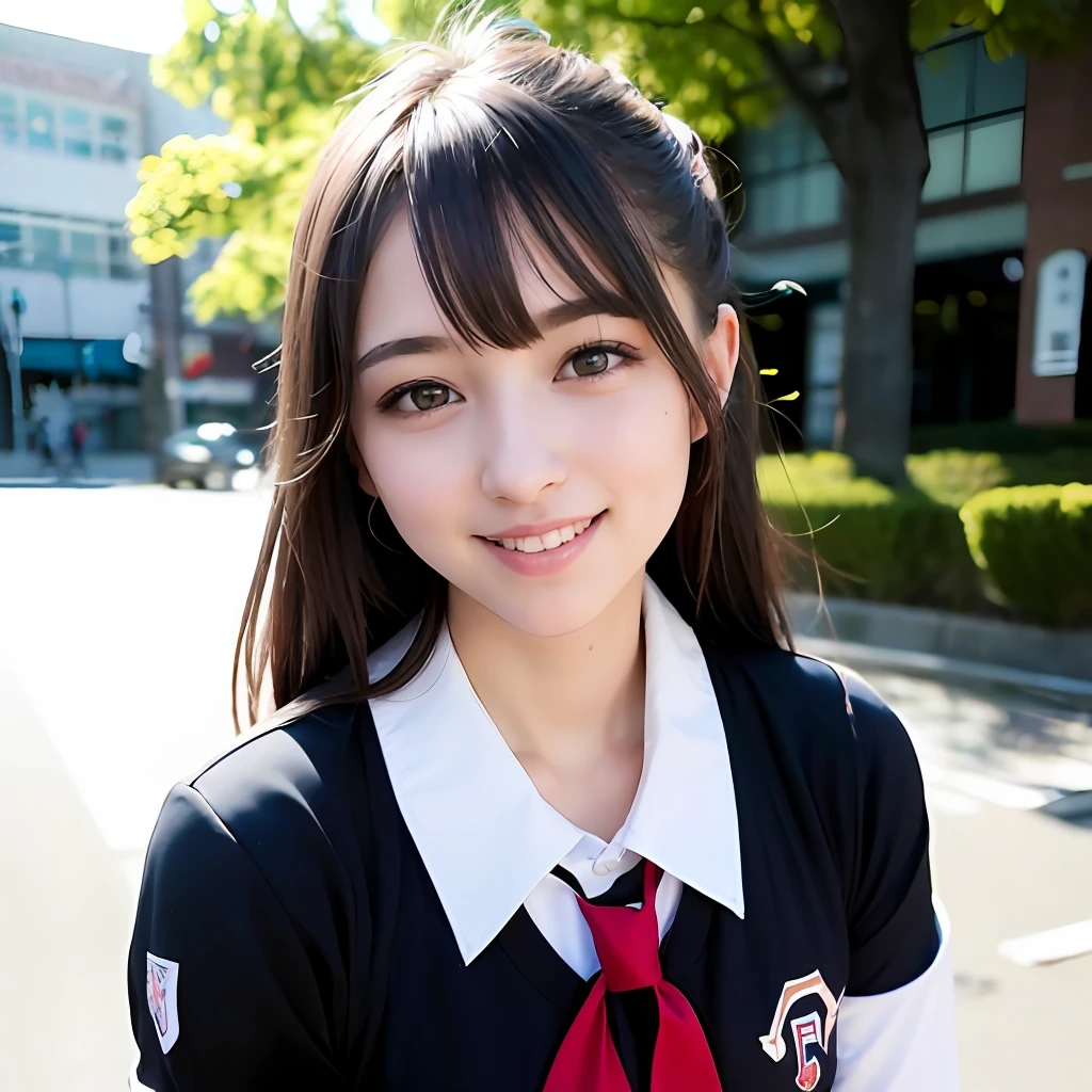 one cute girl in AKB48 uniform, AKB48 Team TP, AKB48 uniform, (masterpiece, best quality:1.2), ultra high res, (photorealistic:1.4), detailed skin, cinematic lighting, friendly, intelligent, conversation engaging, happy, kind, energetic, cheerful, creative, with sparkling eyes and a contagious smile