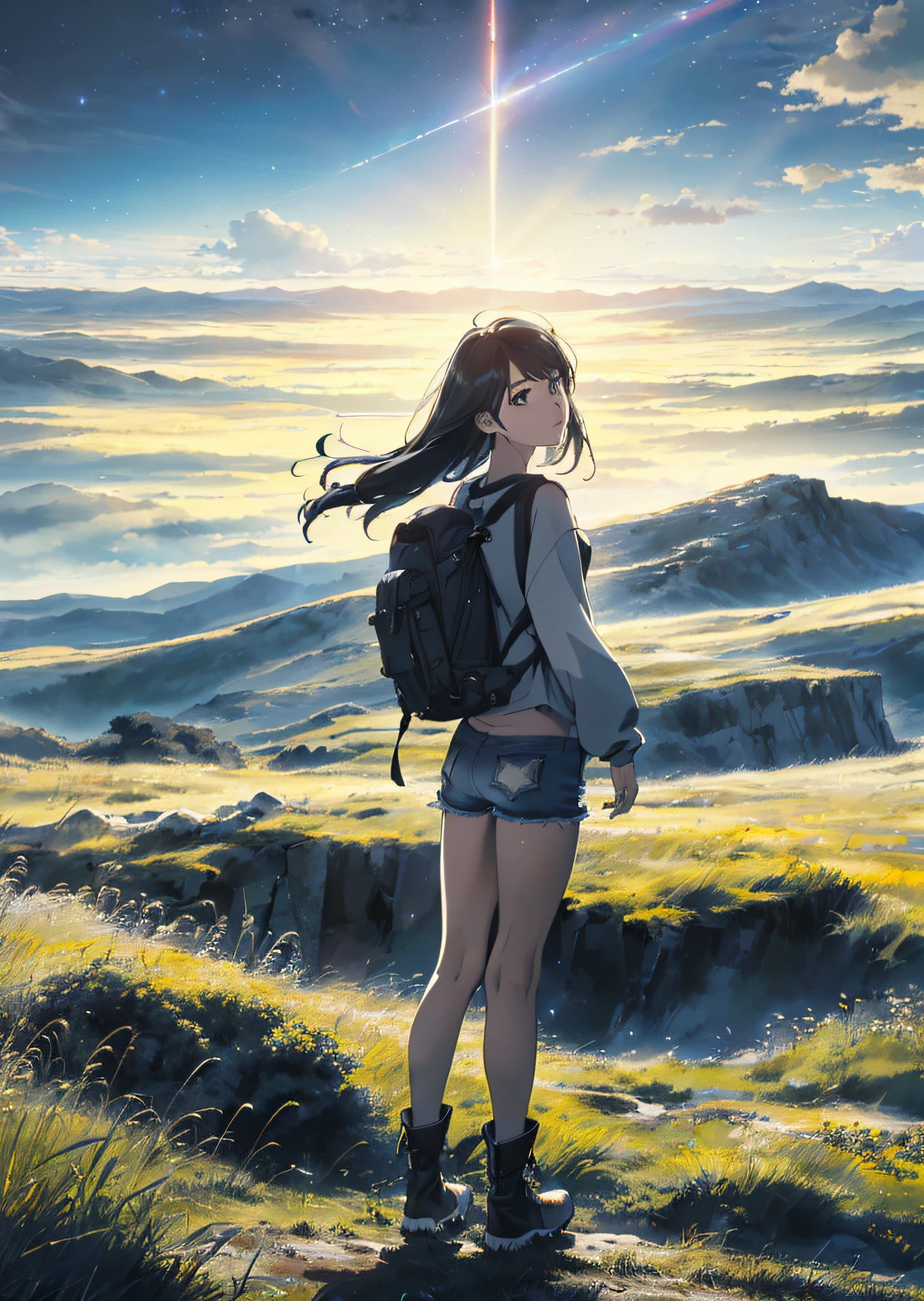 (Dramatic and dramatic picture, vast sky landscape) | (beautiful skyline + large grassland), (high hanging North Star, colorful natural light) | (((Girls), long-sleeved top + denim shorts, back backpack, stunning visuals)),), (Dynamic Pose:1.3, Black Eyes, Black Hime-Cut Hair,Sparkling Girl) [:0.8]