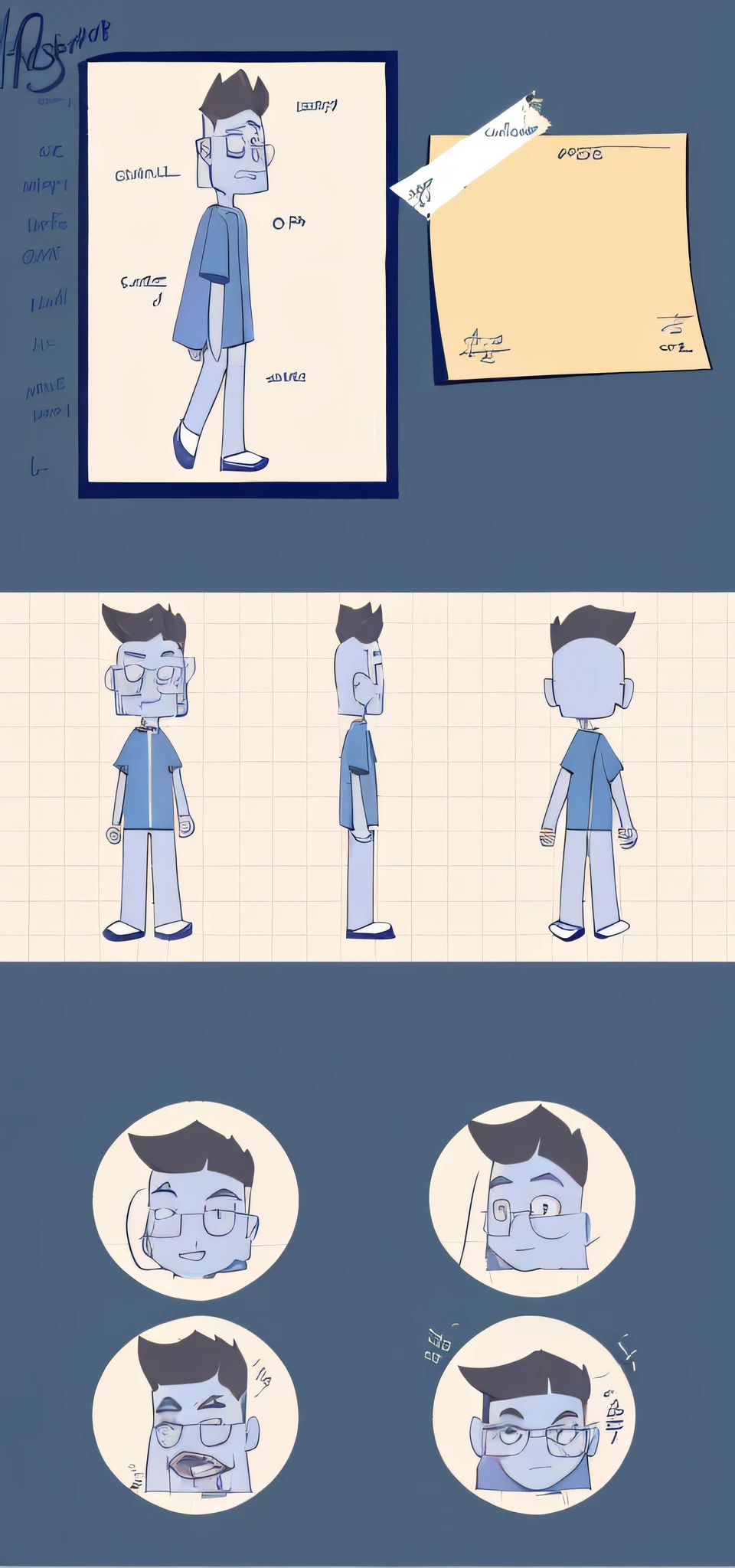 a close up of a cartoon of a man with different expressions, character turnaround, character model sheet turnaround, character design for animation, animated character design, animation character, reference model sheet, fullbody shot turnaround, model sheet, character animation, character model sheet, character is standing, full body character concept, full body character, character posing, character design sheet, character design
